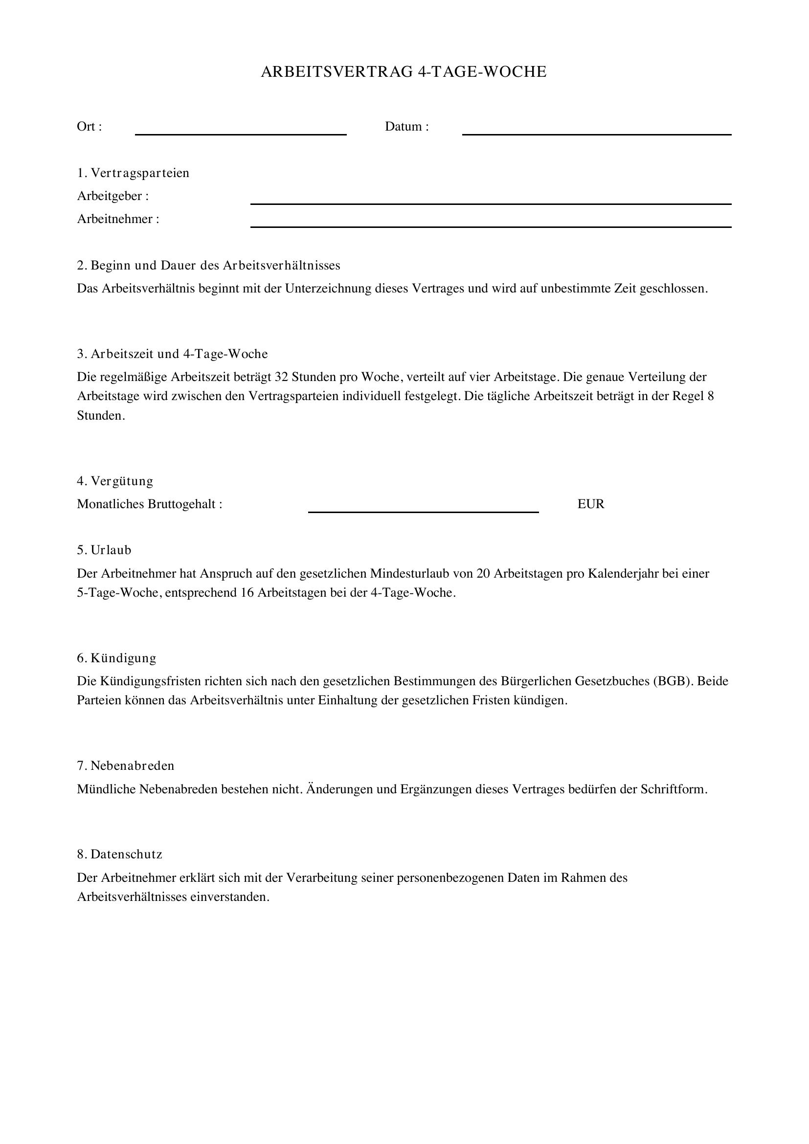 4 Tage-Woche Arbeitsvertrag Formulierung