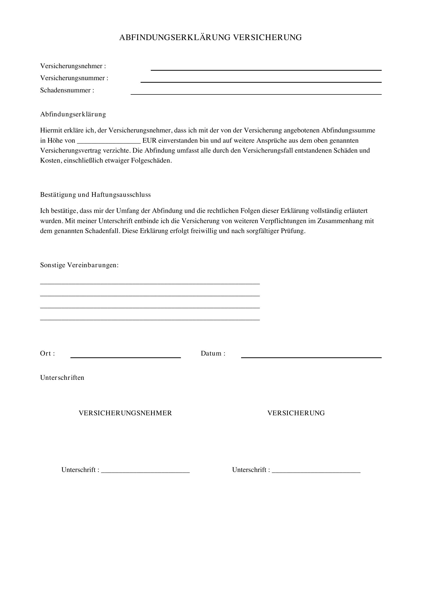 Abfindungserklärung Versicherung Muster