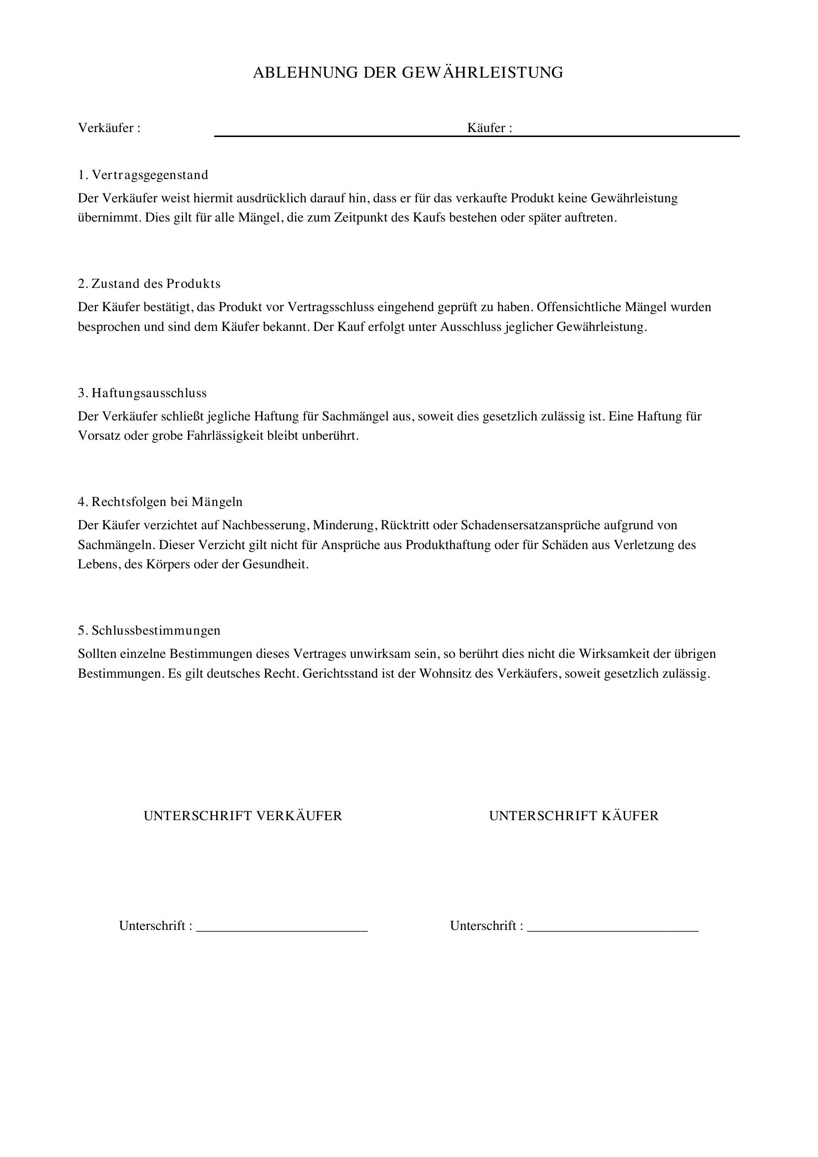 Ablehnung Gewährleistung Muster