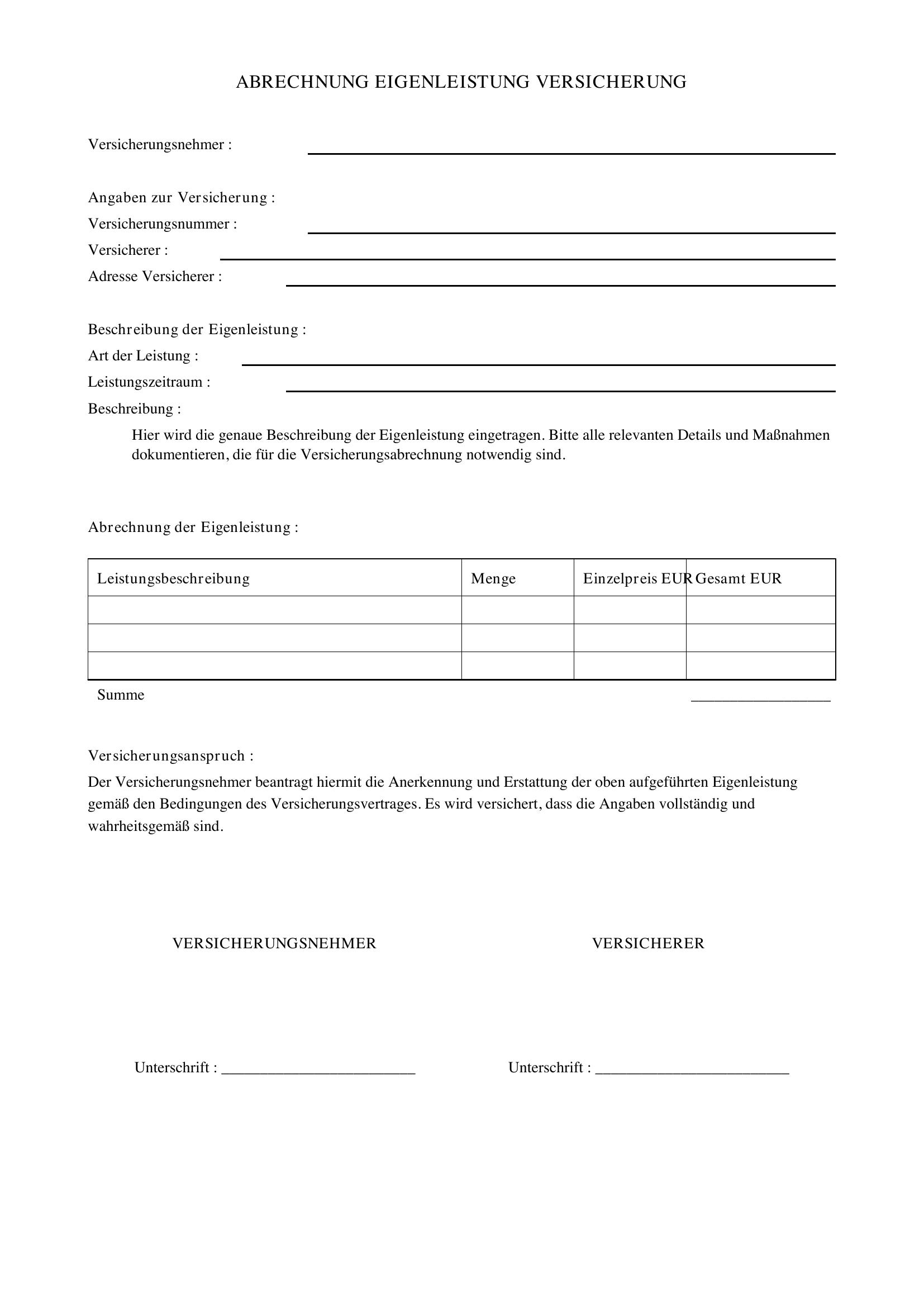 Versicherung Eigenleistung In Rechnung Stellen