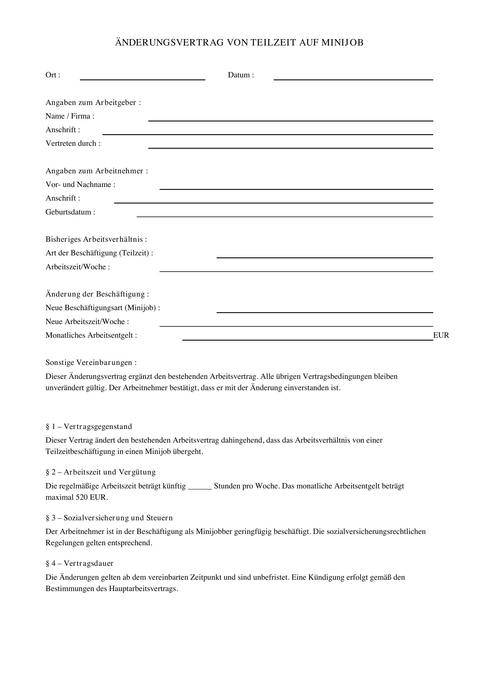 Änderungsvertrag Von Teilzeit Auf Minijob