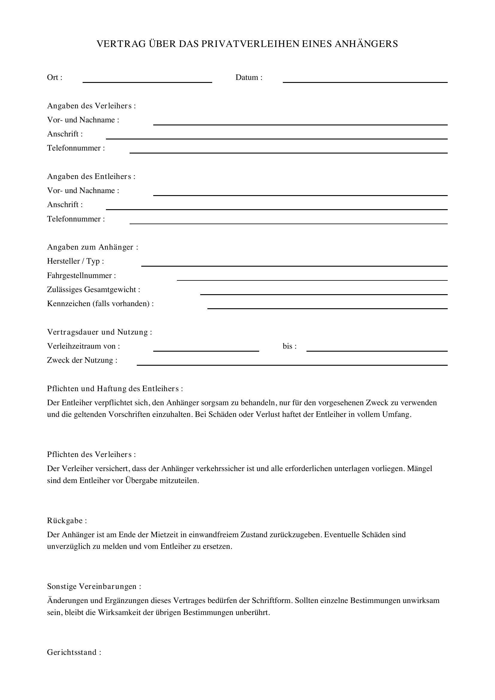 Anhänger Privat Verleihen Vertrag