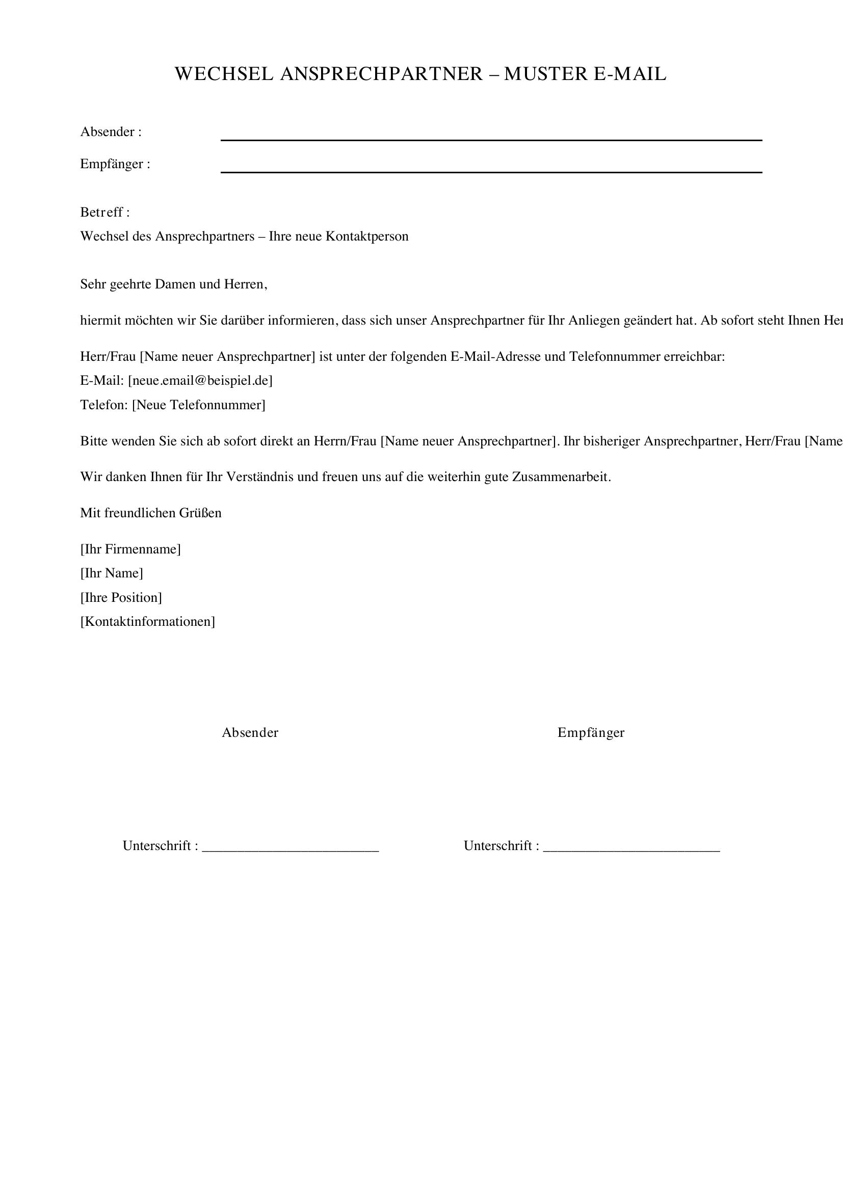 Ansprechpartner Wechsel Email Muster