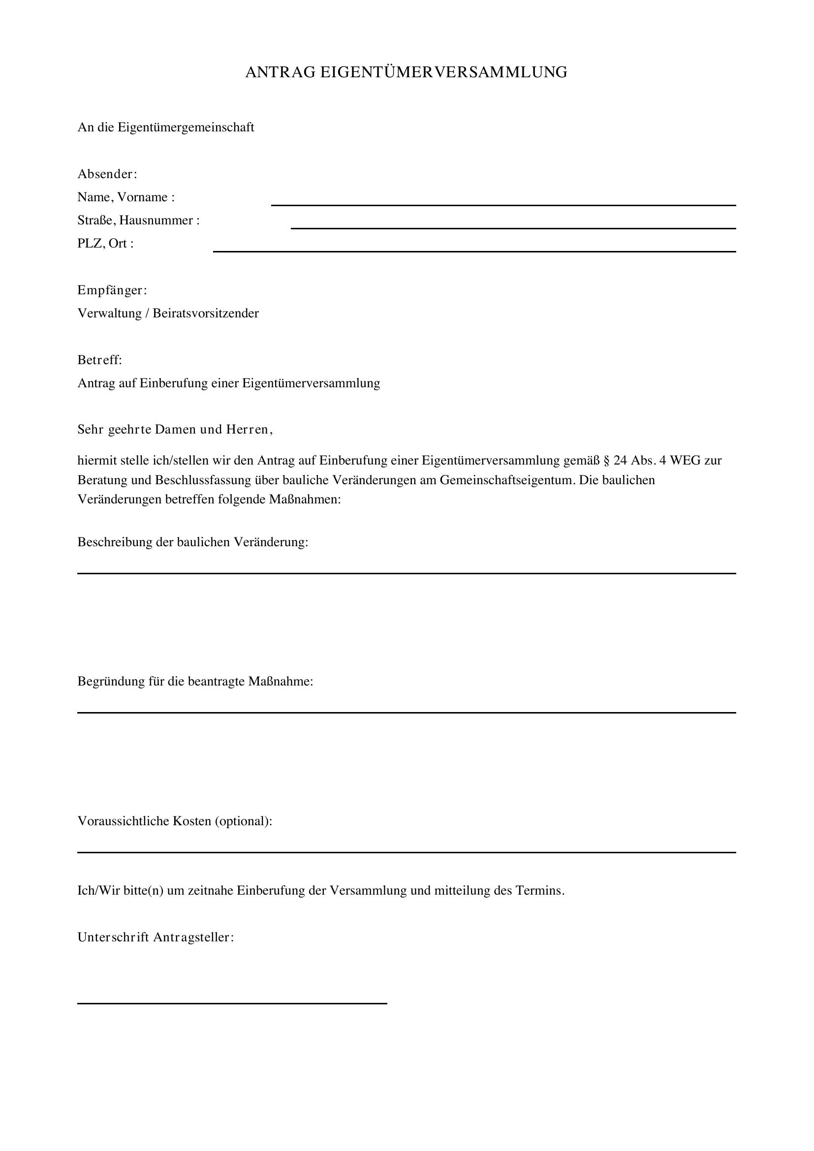 Antrag Eigentümerversammlung Bauliche Veränderung Muster
