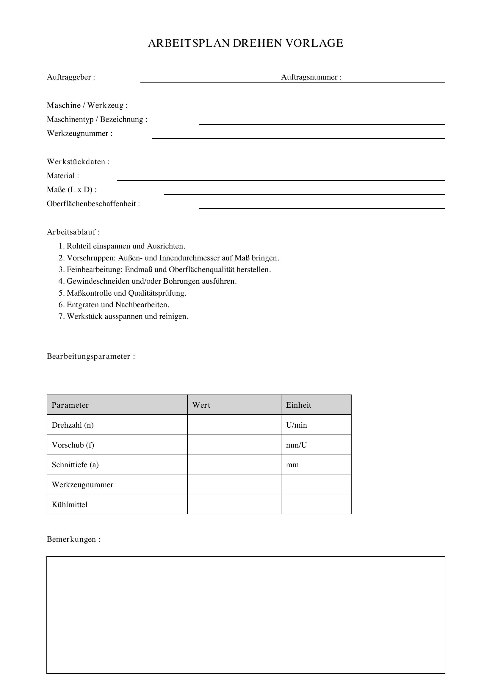 Arbeitsplan Drehen Vorlage
