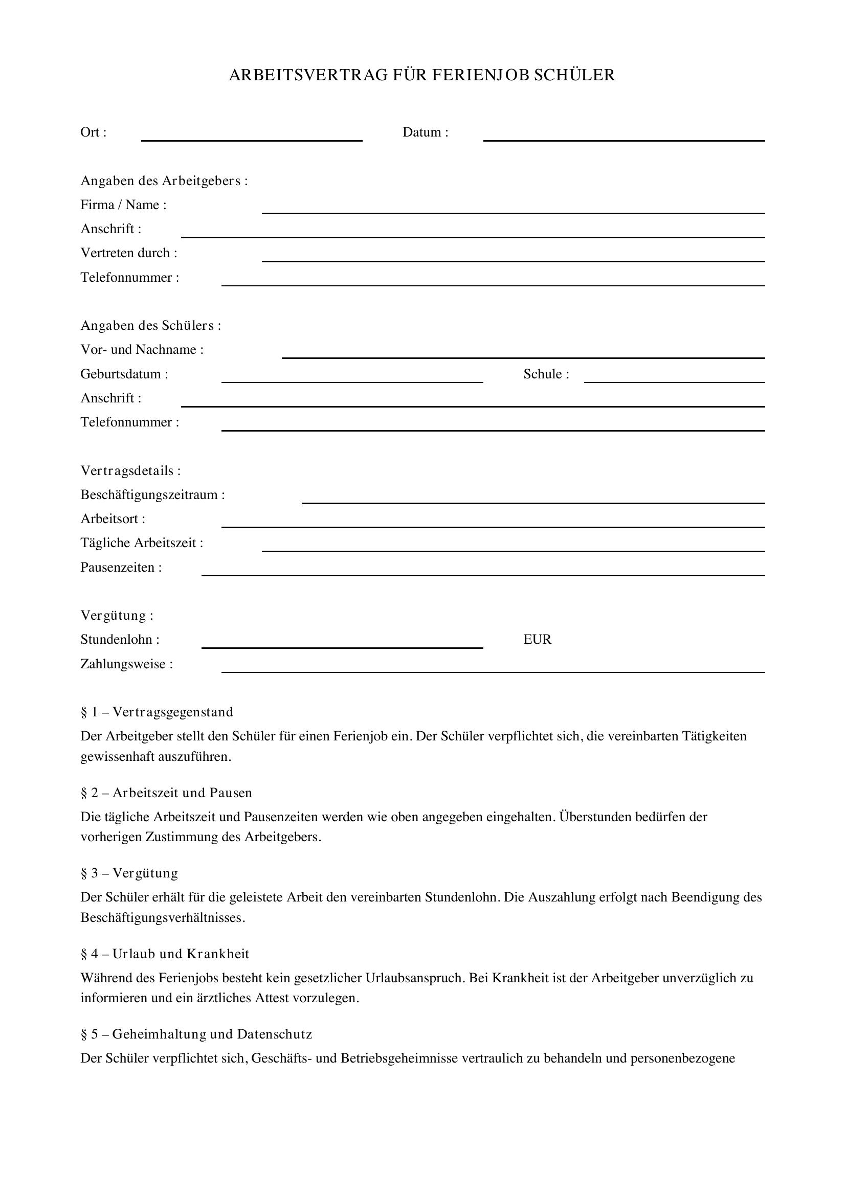 Arbeitsvertrag Ferienjob Schüler