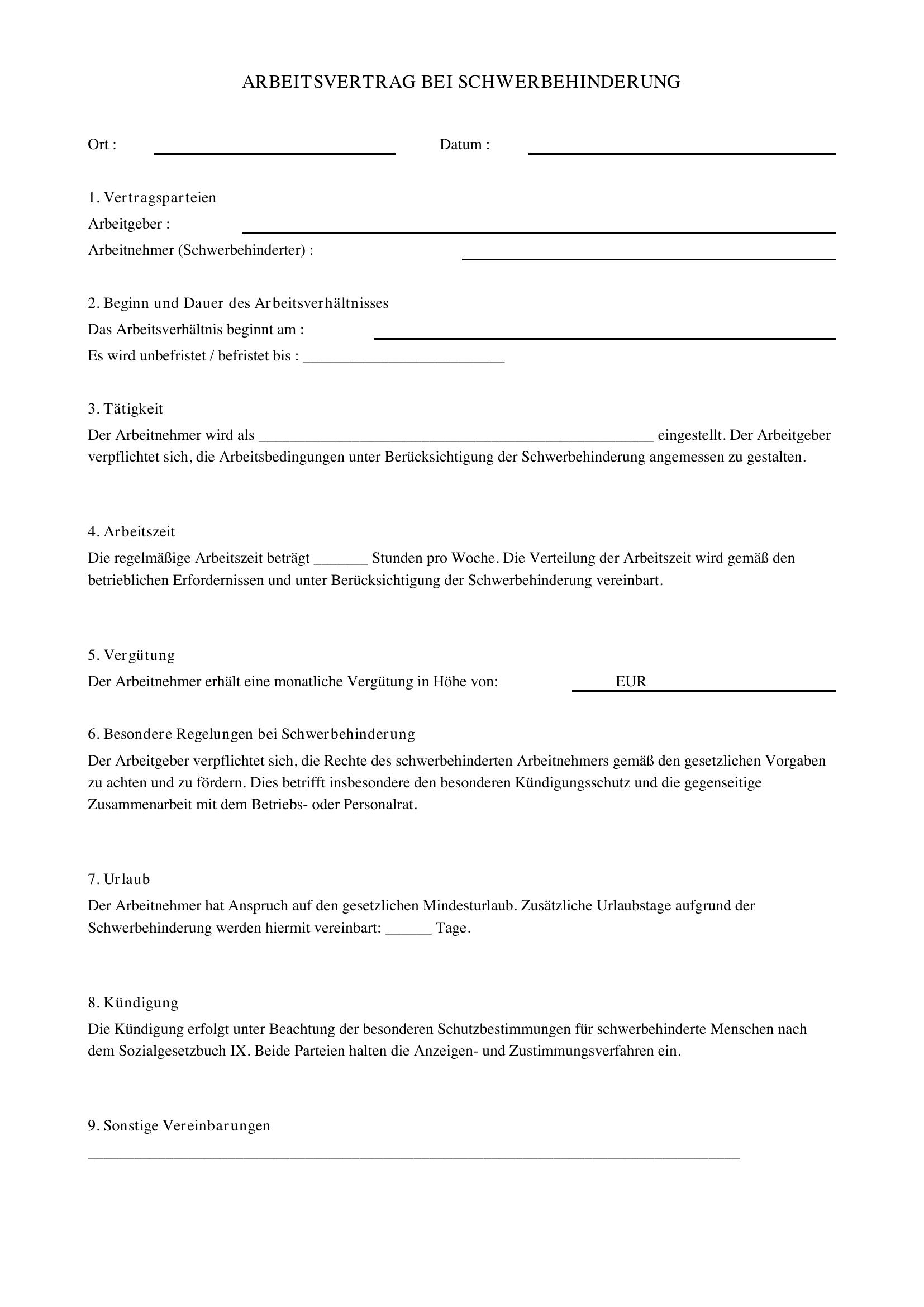 Arbeitsvertrag Schwerbehinderung Muster