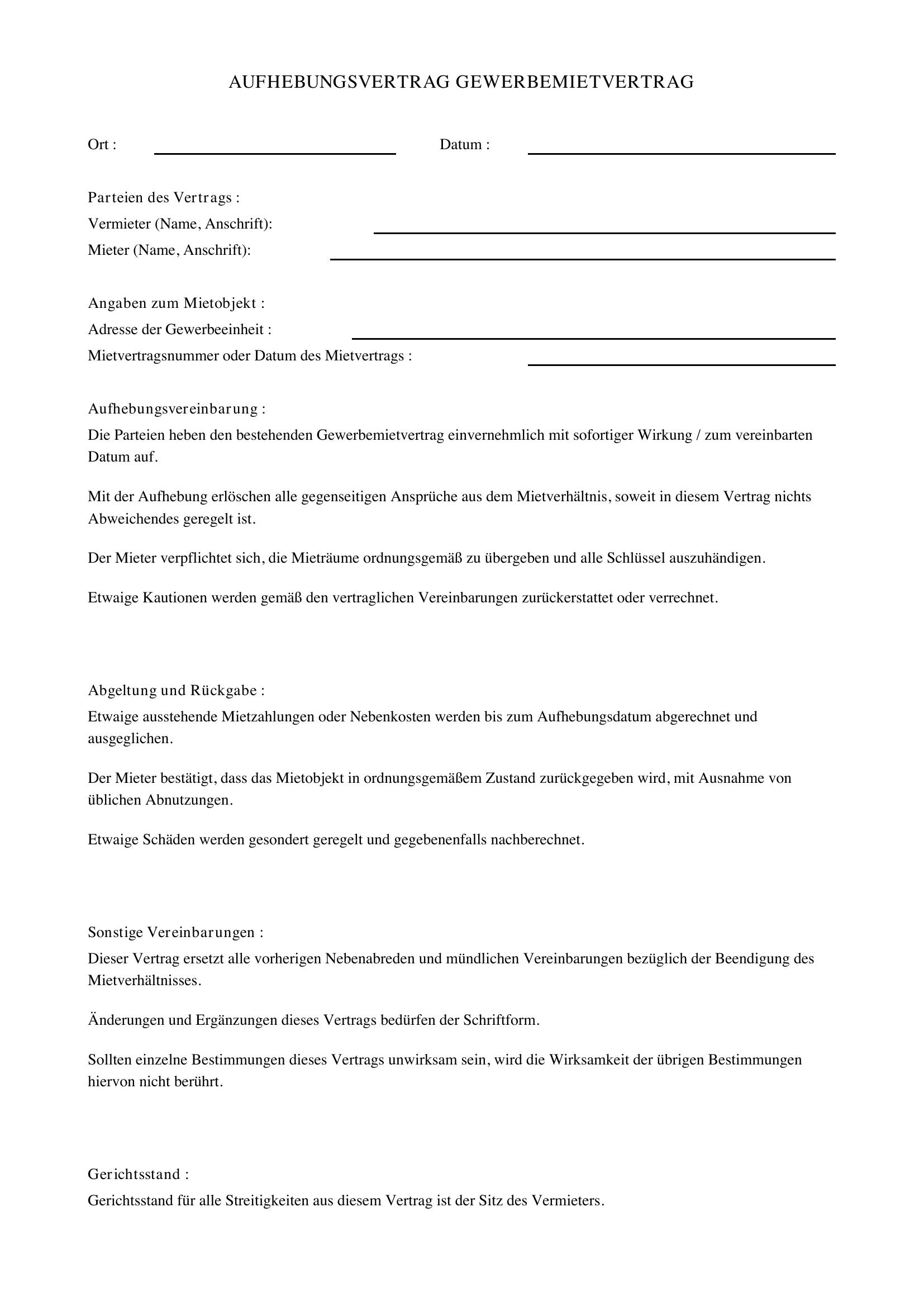 Aufhebungsvertrag Gewerbemietvertrag