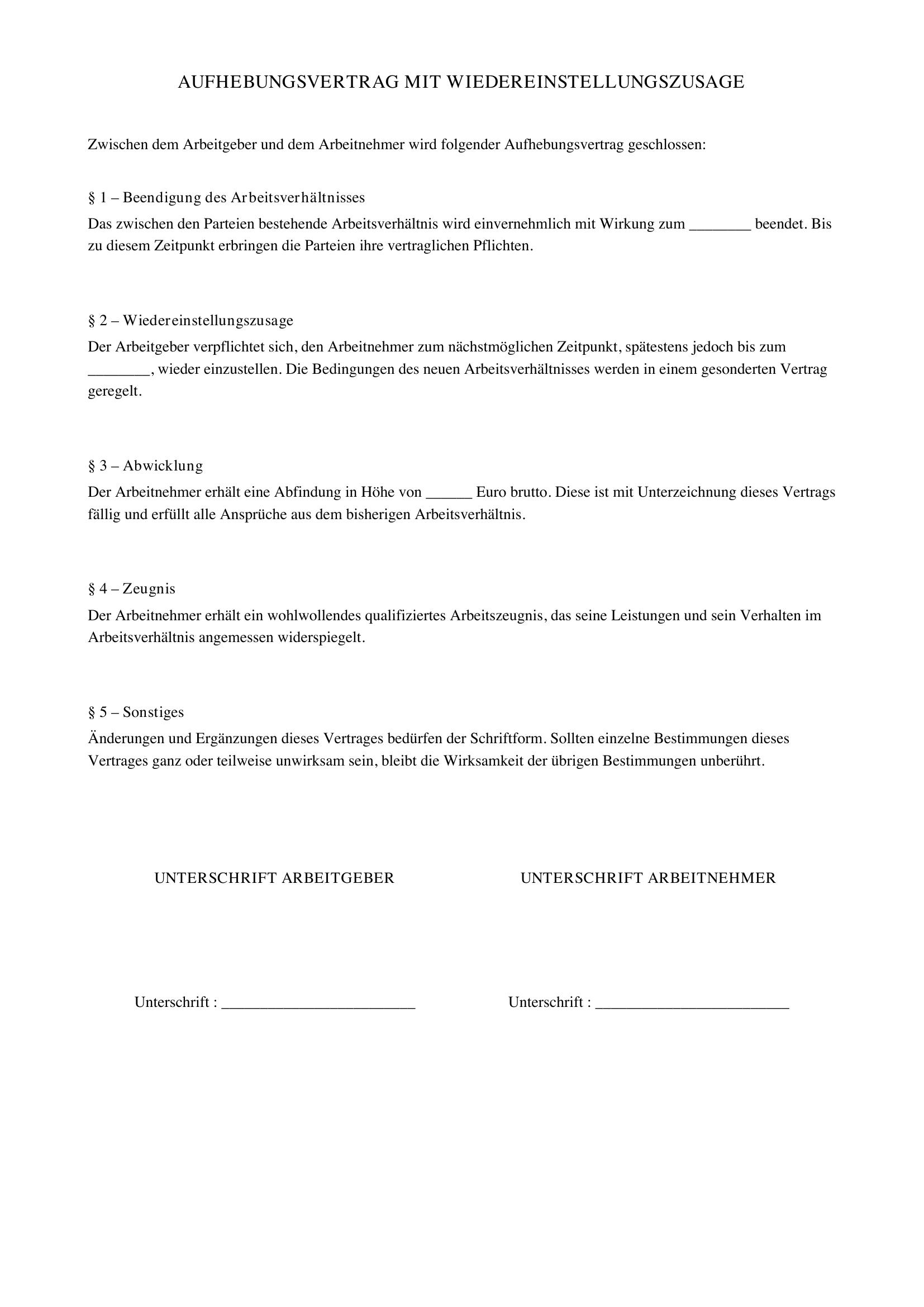 Aufhebungsvertrag Mit Wiedereinstellungszusage Muster