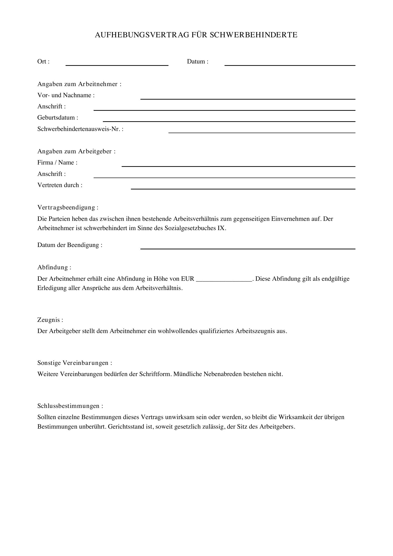 Aufhebungsvertrag Schwerbehinderter Muster