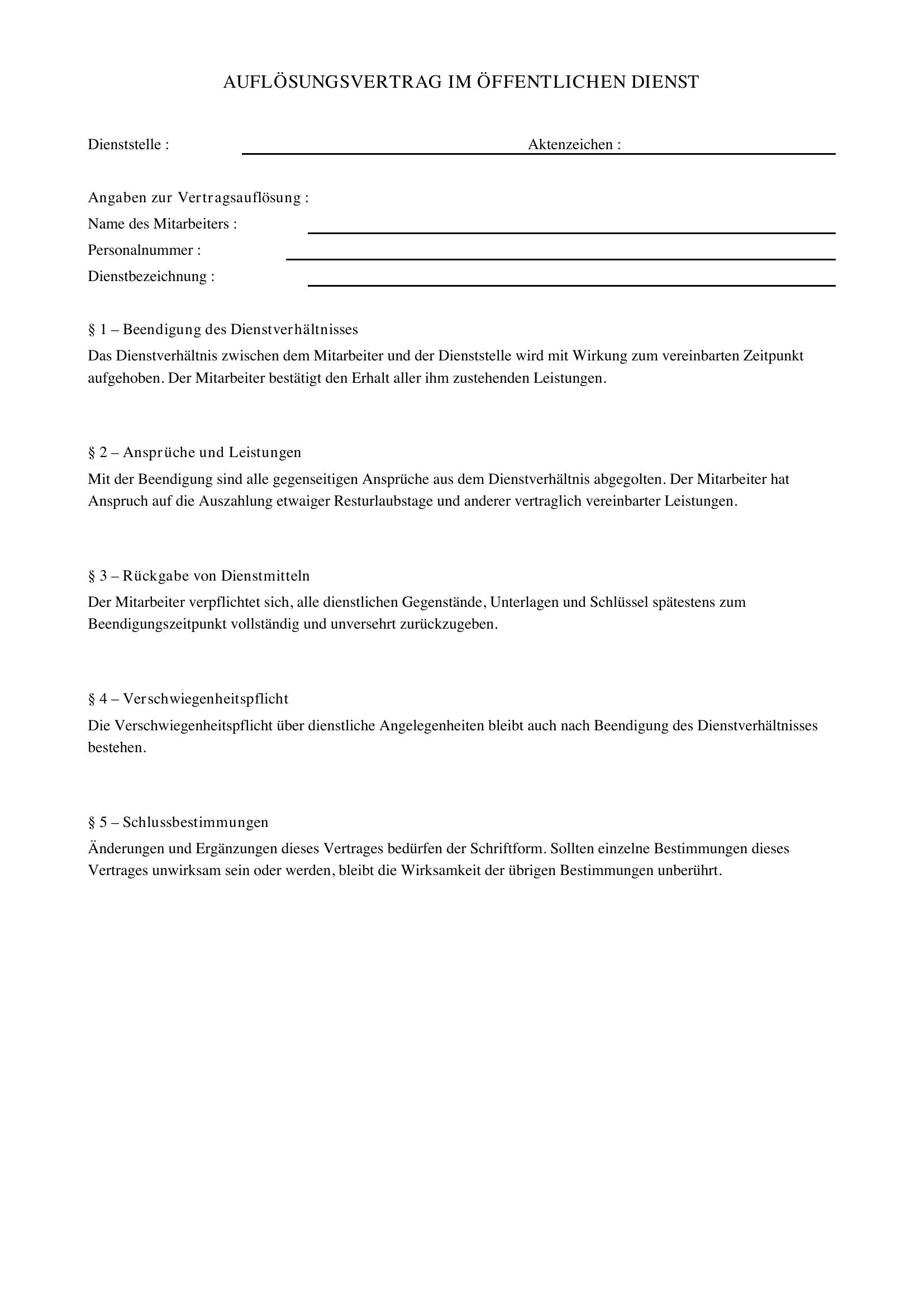 Auflösungsvertrag Öffentlicher Dienst Muster