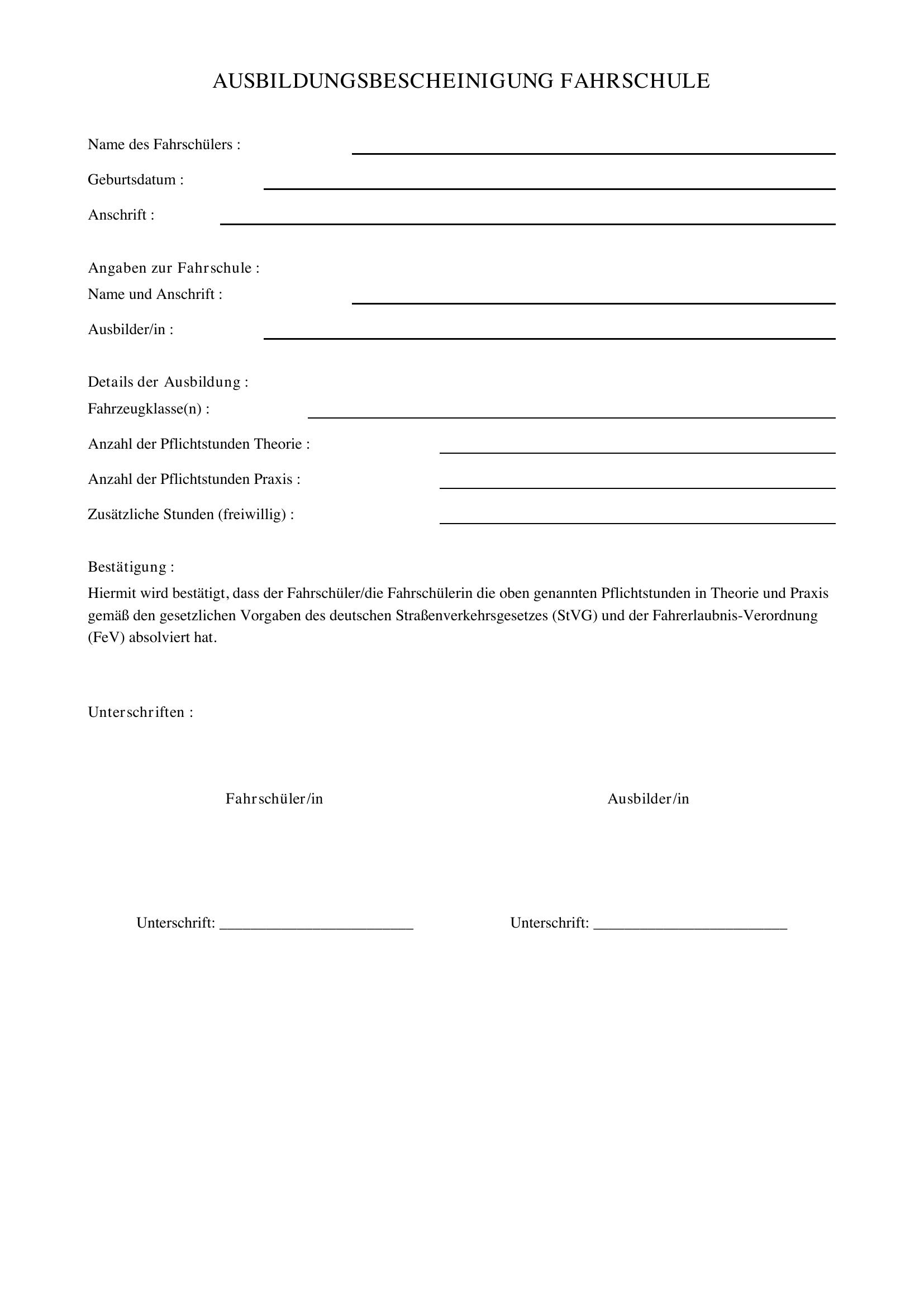 Ausbildungsbescheinigung Fahrschule