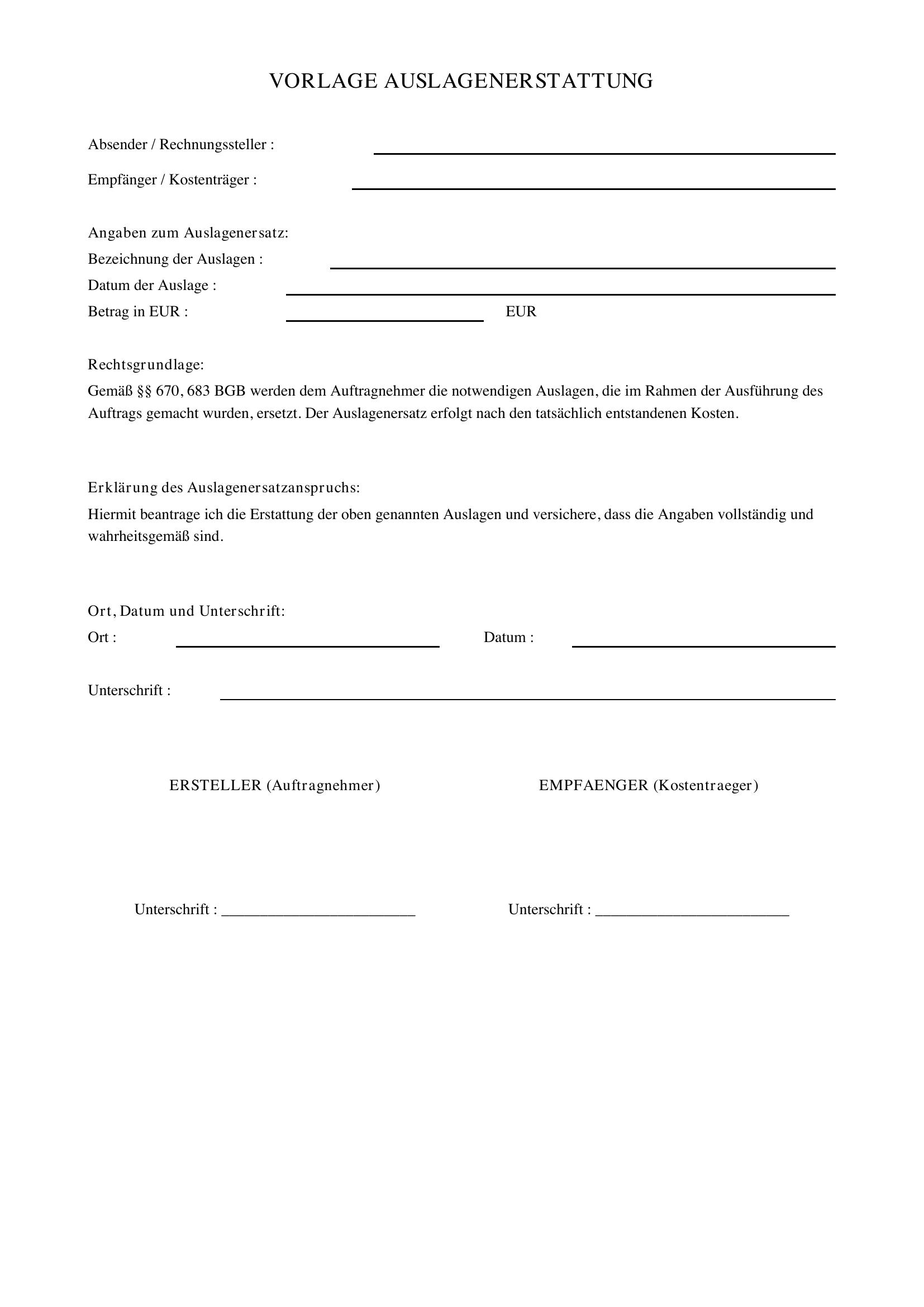 Auslagenerstattung Vorlage