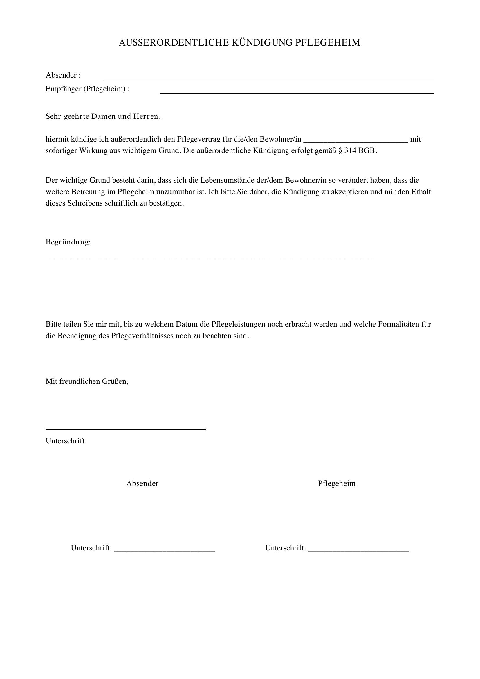 Außerordentliche Kündigung Pflegeheim Muster