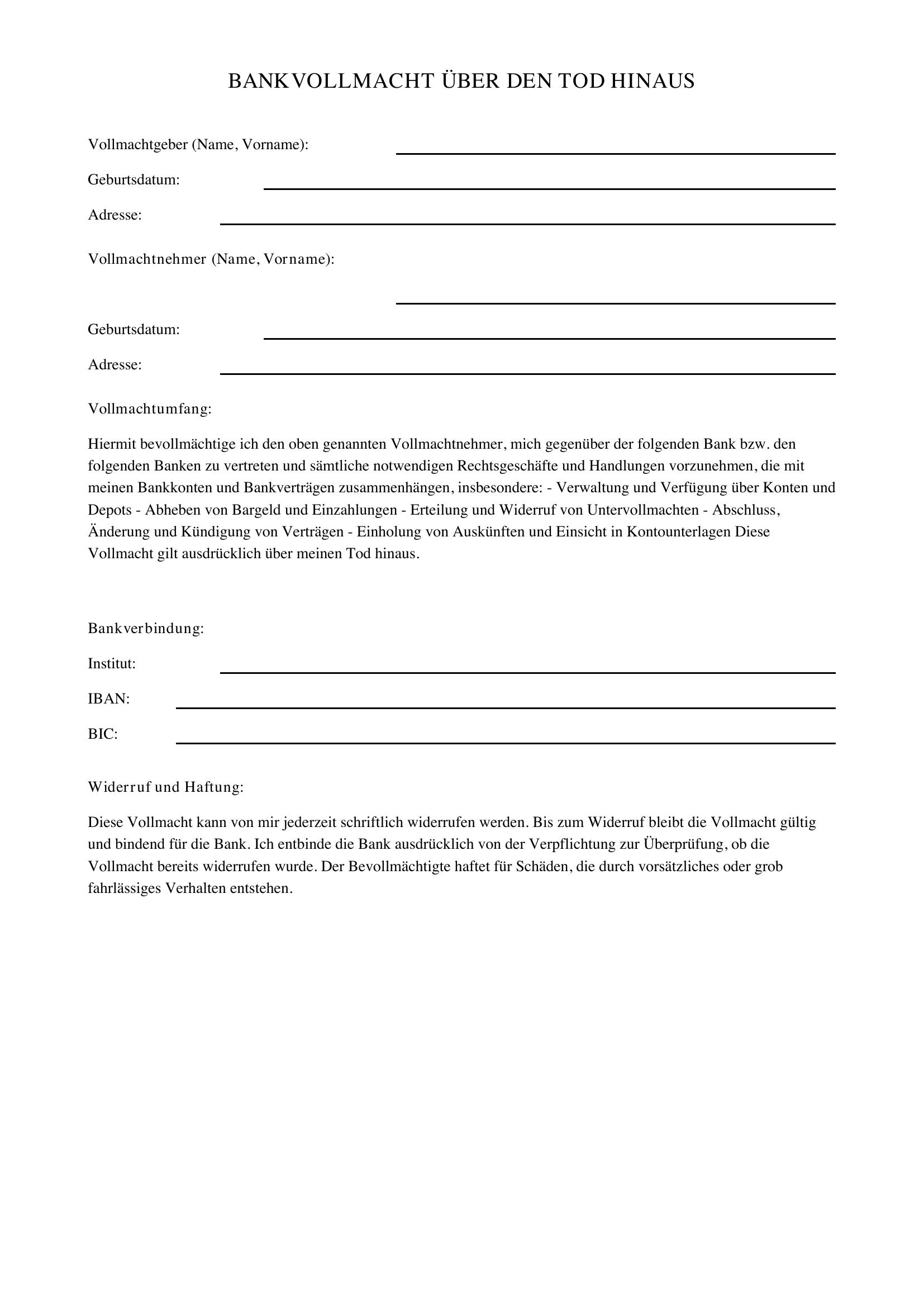 Bankvollmacht Über Den Tod Hinaus Vordruck