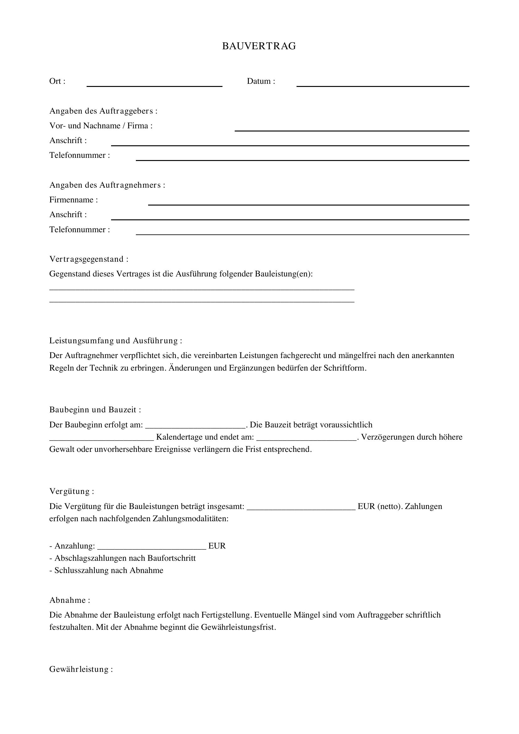 Bauvertrag Vorlage