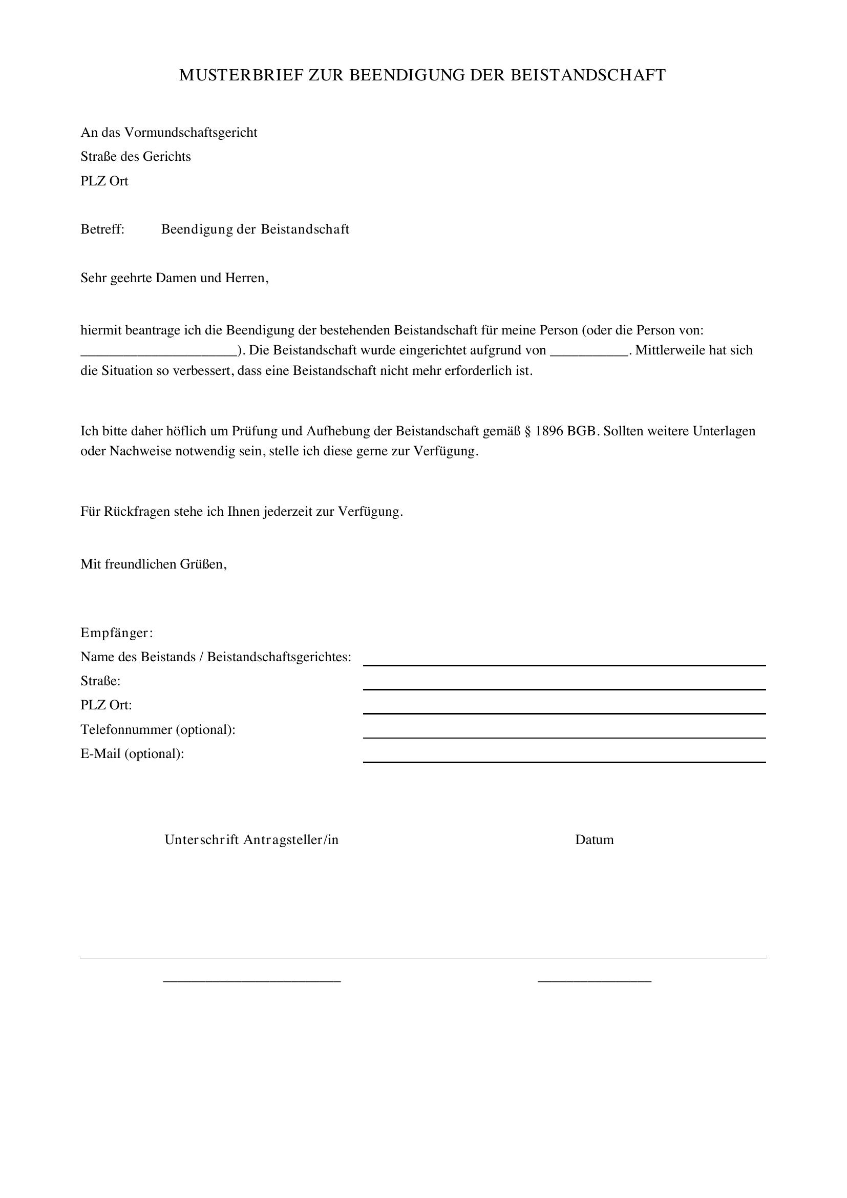 Beistandschaft Beenden Musterbrief