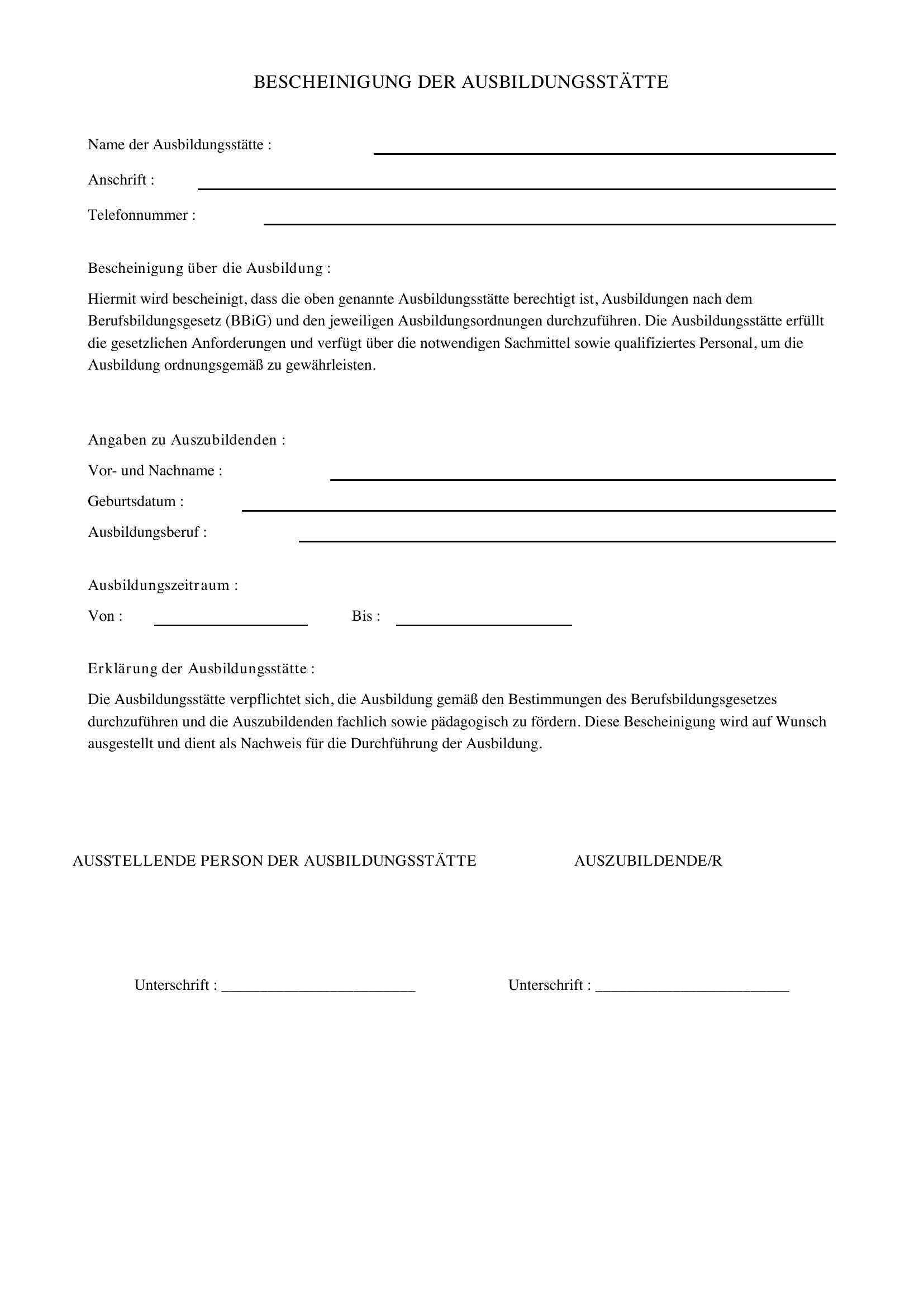 Bescheinigung Der Ausbildungsstätte