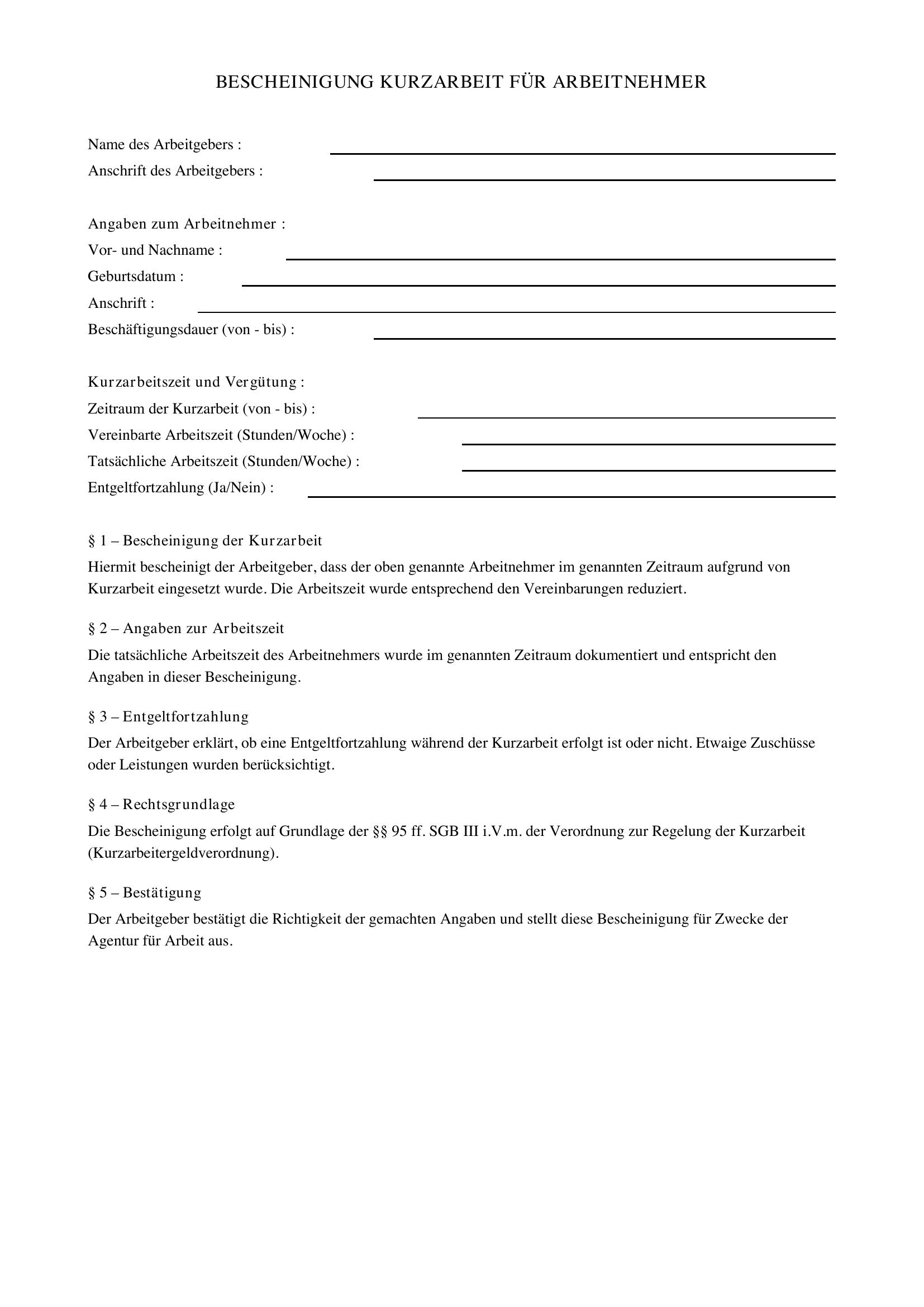 Bescheinigung Kurzarbeit Für Arbeitnehmer