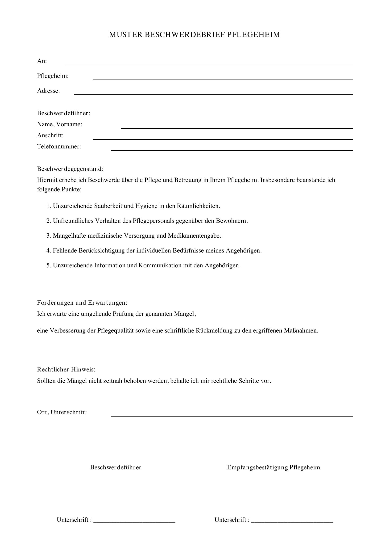 Beschwerde Pflegeheim Muster