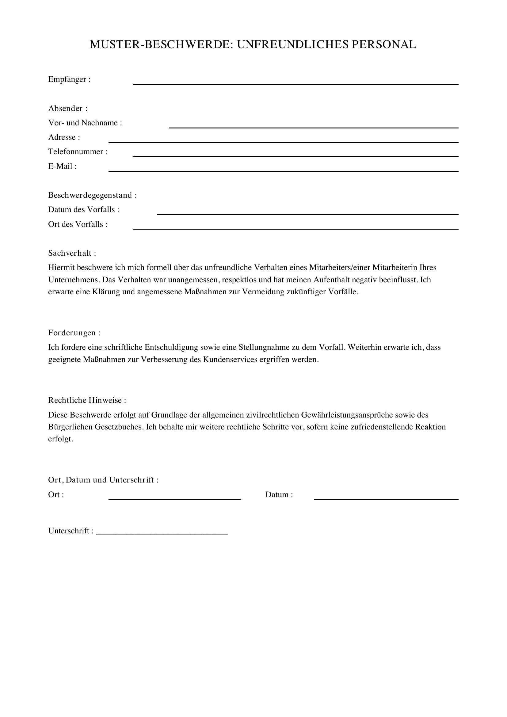 Beschwerde Unfreundliches Personal Muster