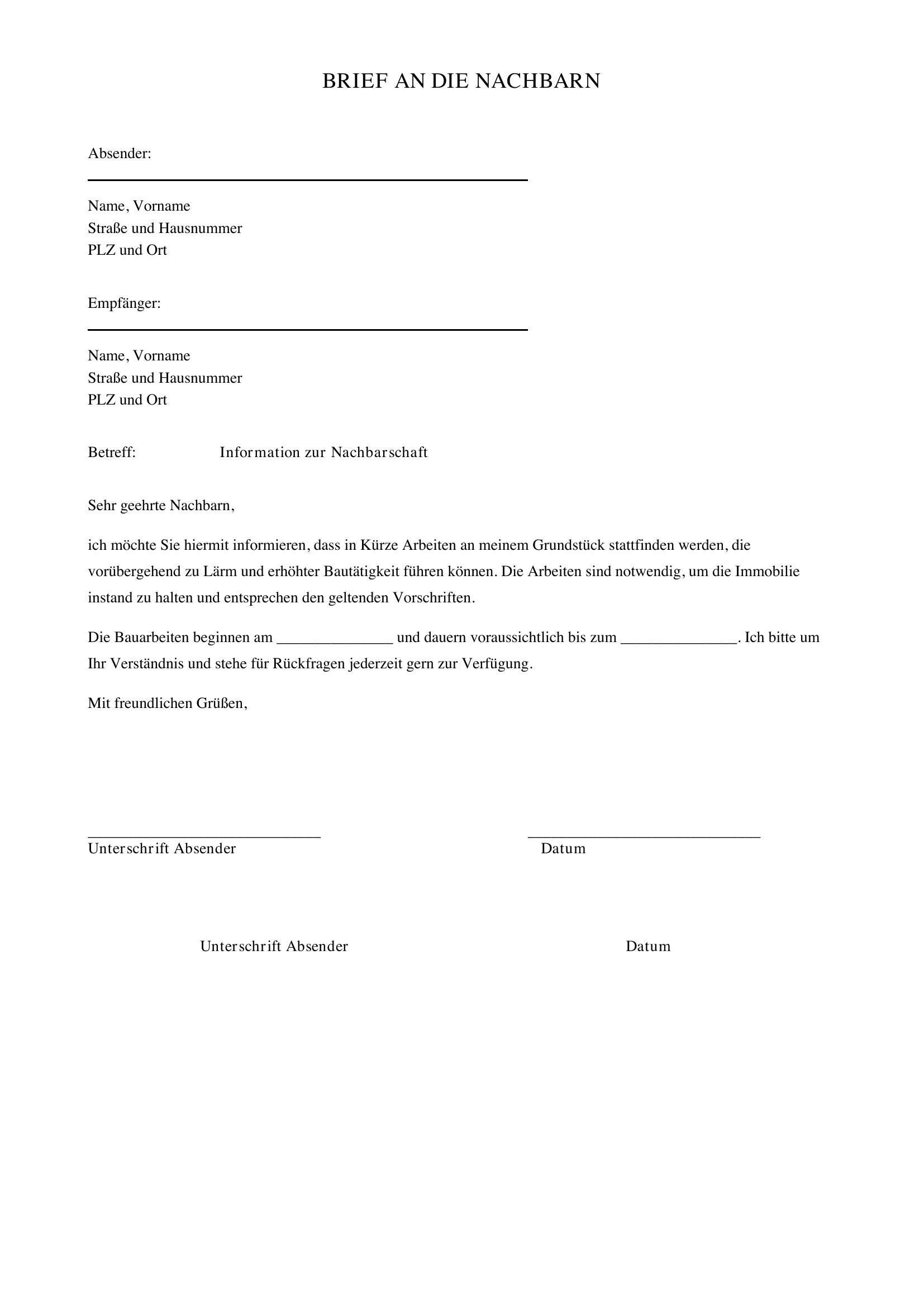 Brief An Nachbarn Vorlage
