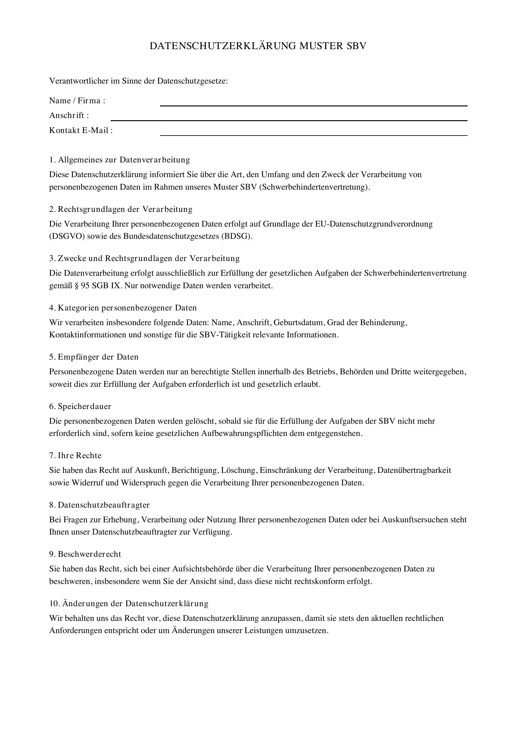 Datenschutzerklärung Muster Sbv