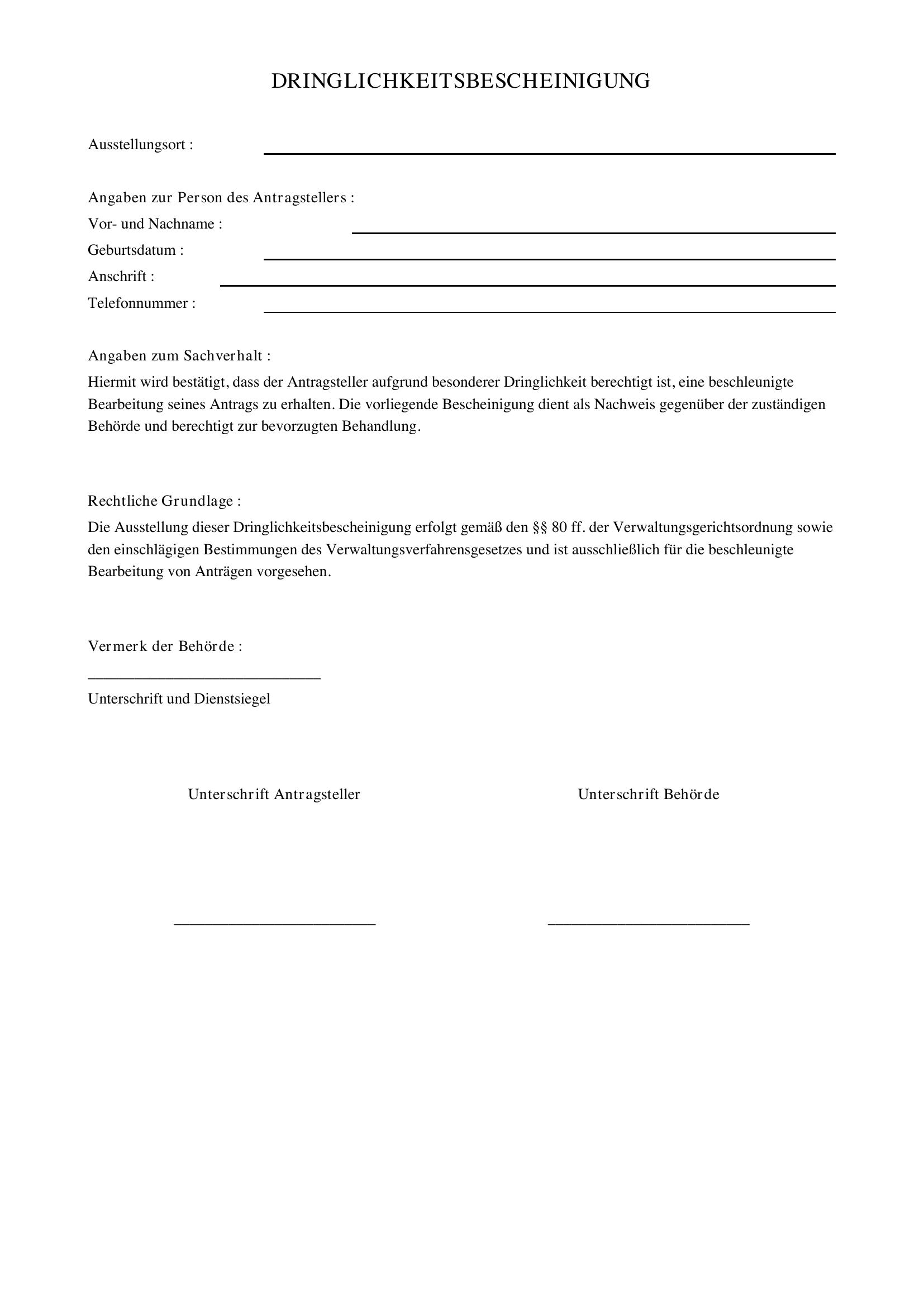 Dringlichkeitsbescheinigung