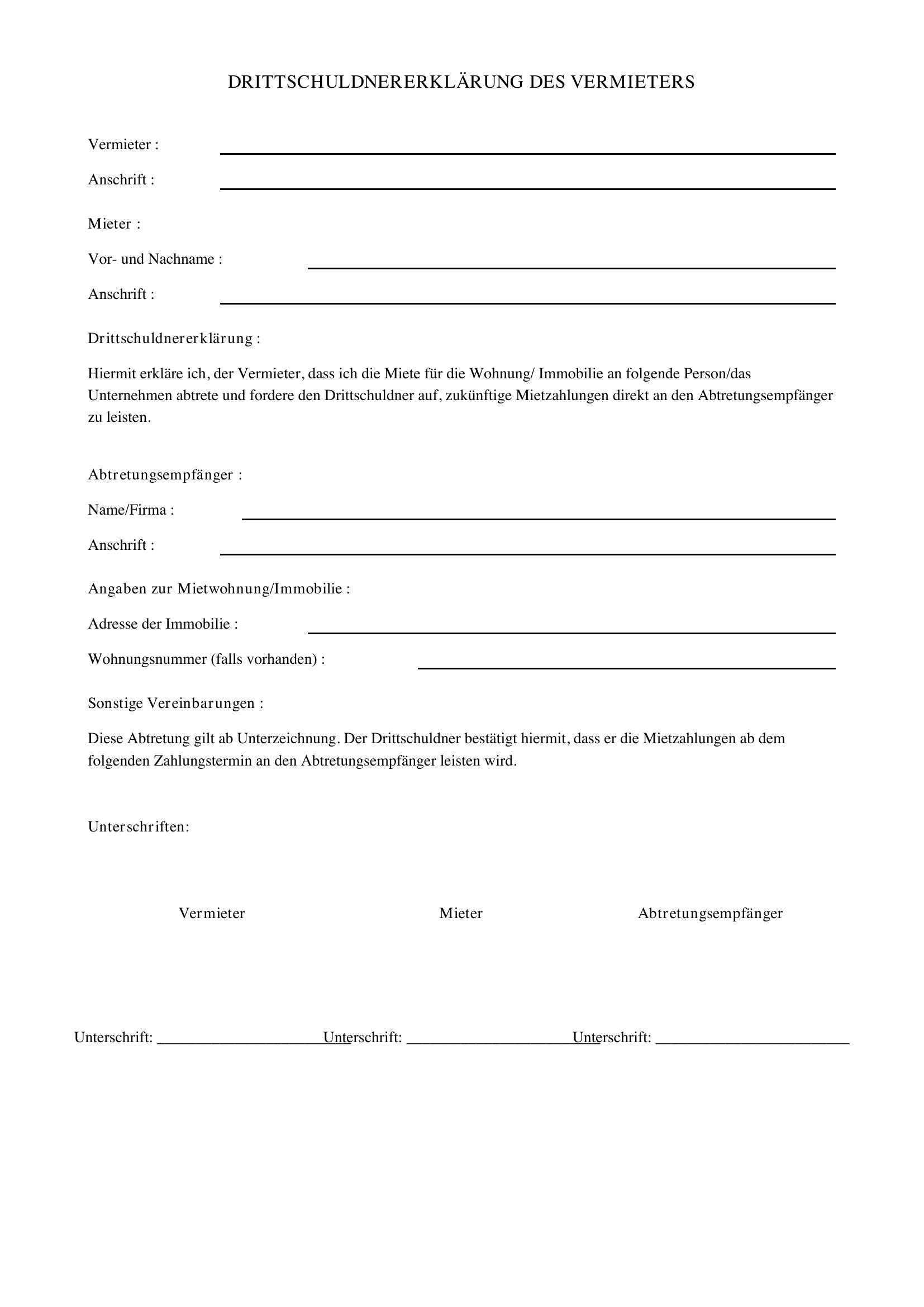 Drittschuldnererklärung Vermieter Formular Zum Ausdrucken