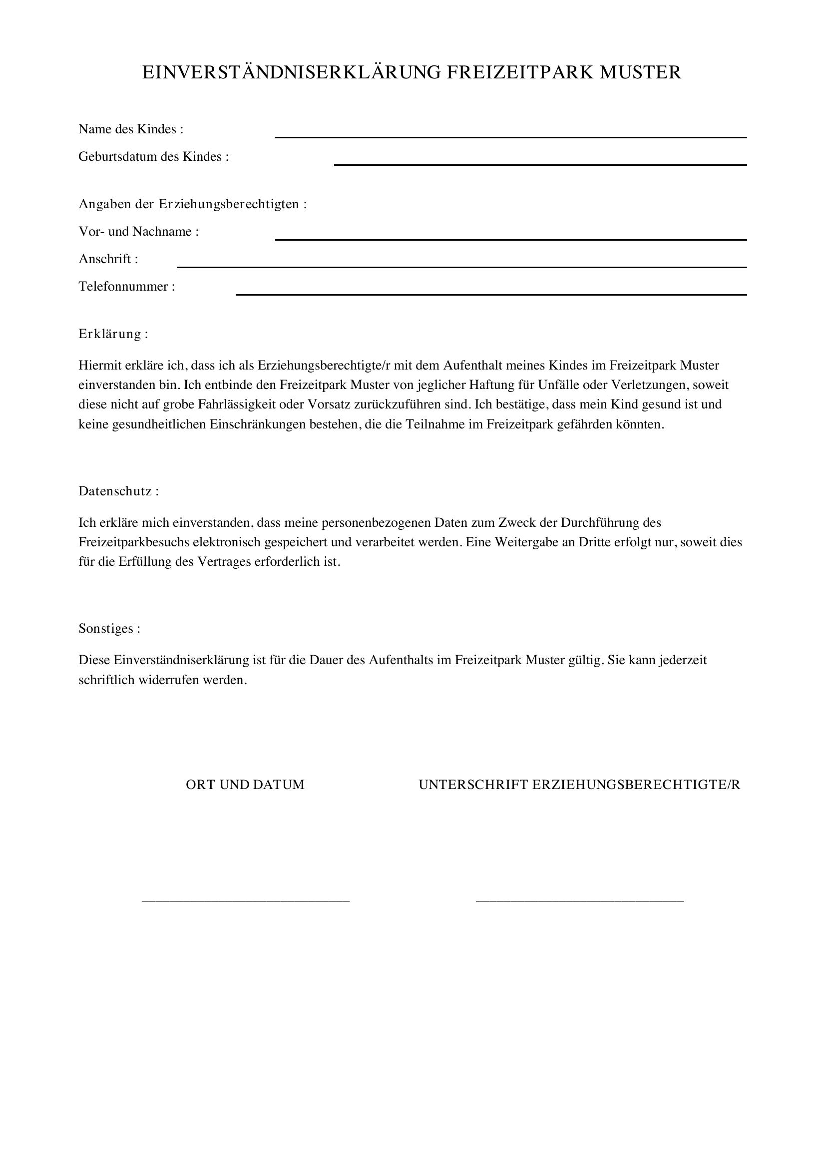 Einverständniserklärung Freizeitpark Muster