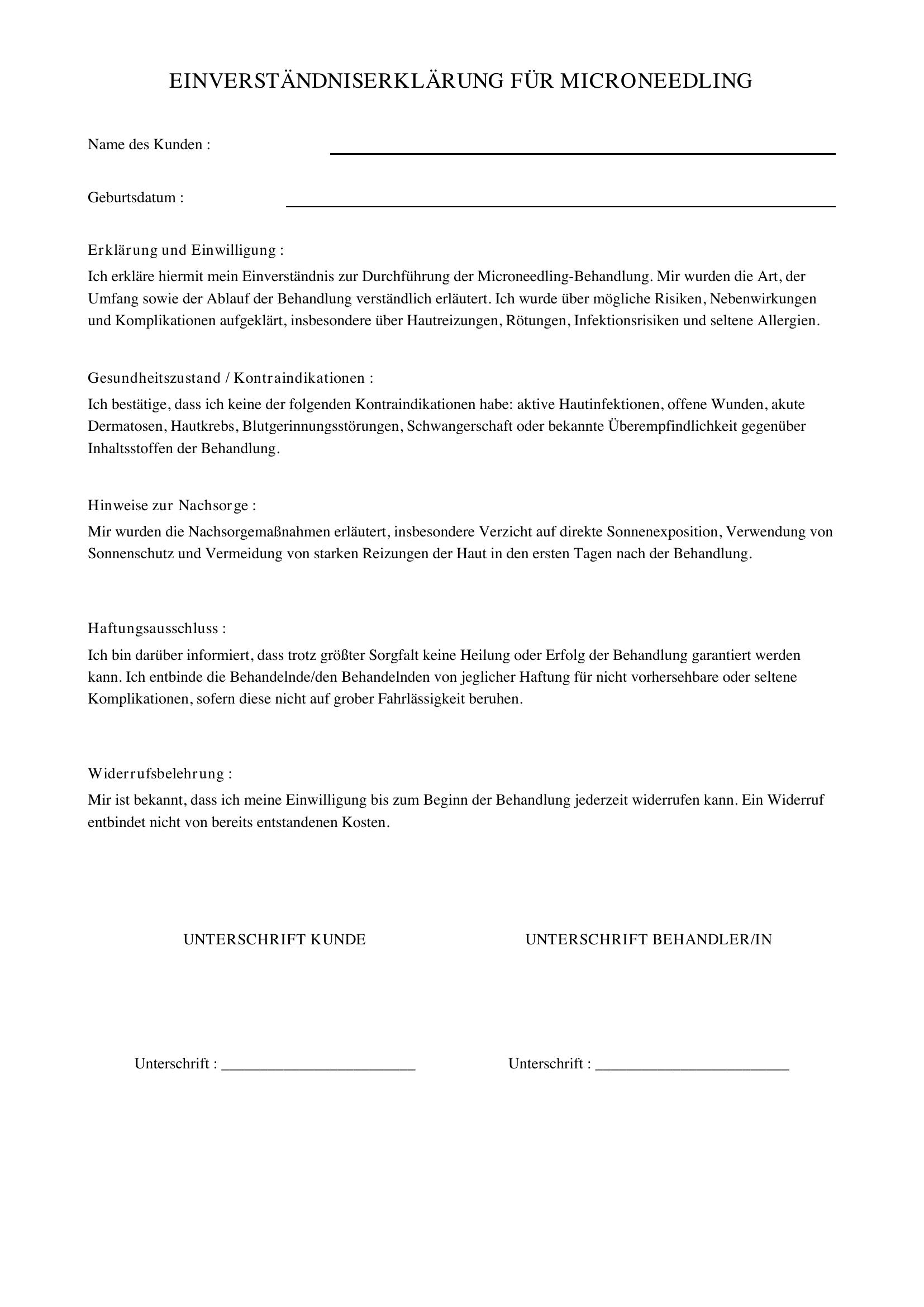 Einverständniserklärung Microneedling
