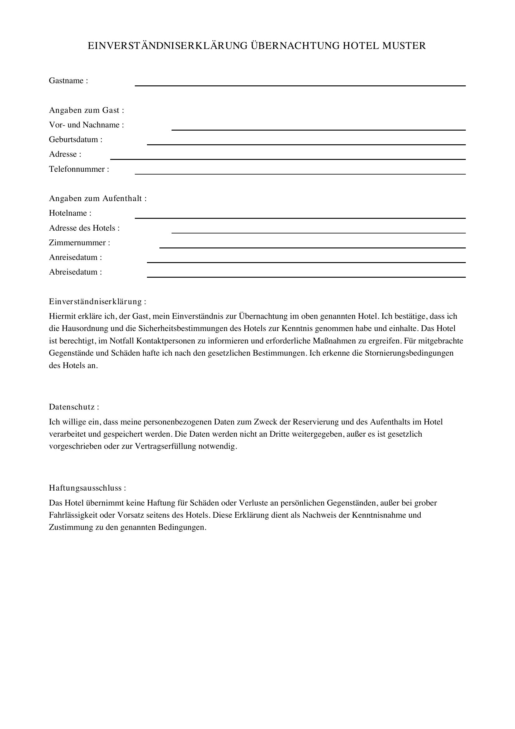 Einverständniserklärung Übernachtung Hotel Muster