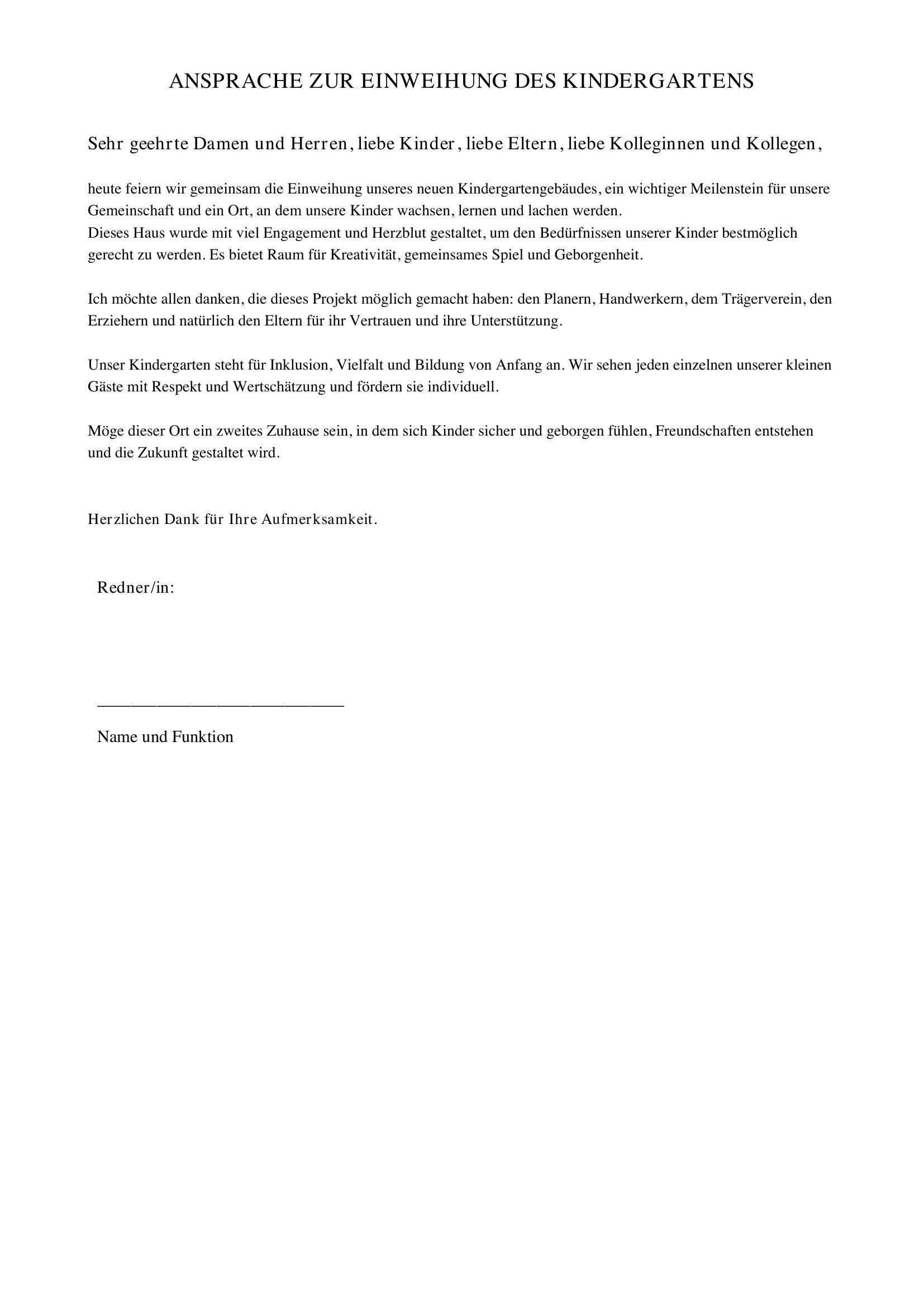 Einweihung Kindergarten Ansprache