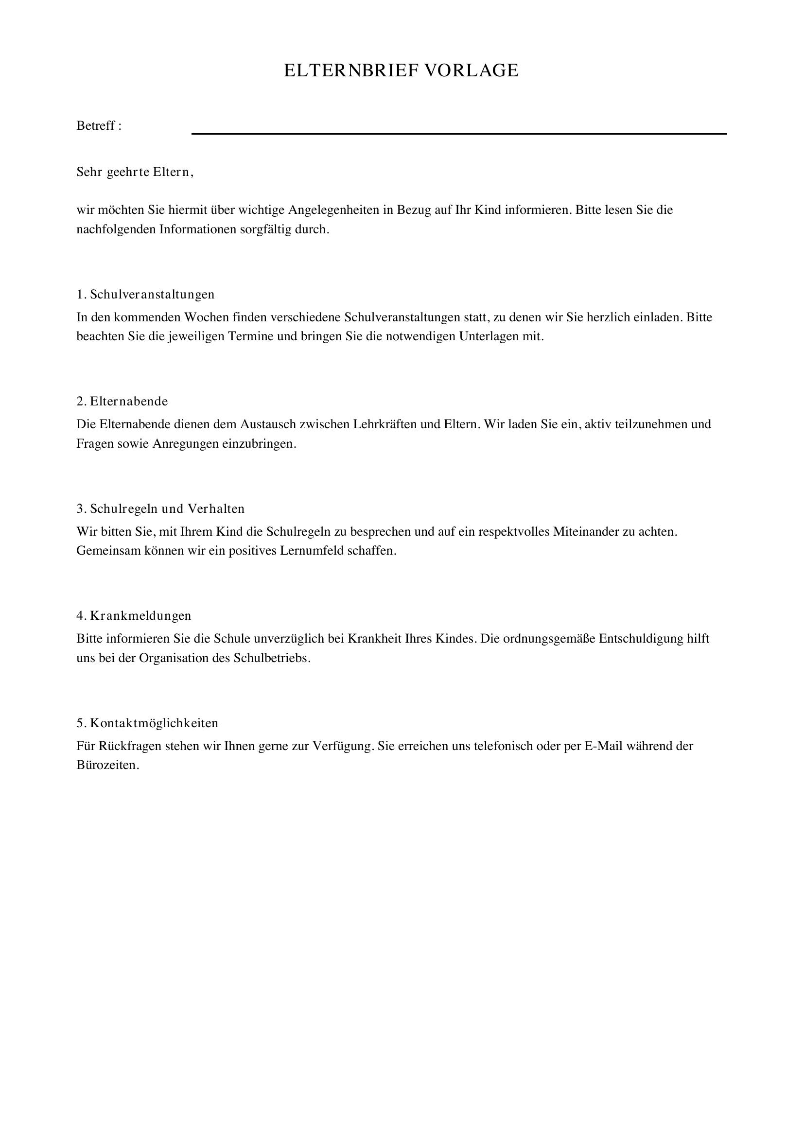 Elternbrief Schreiben Vorlage