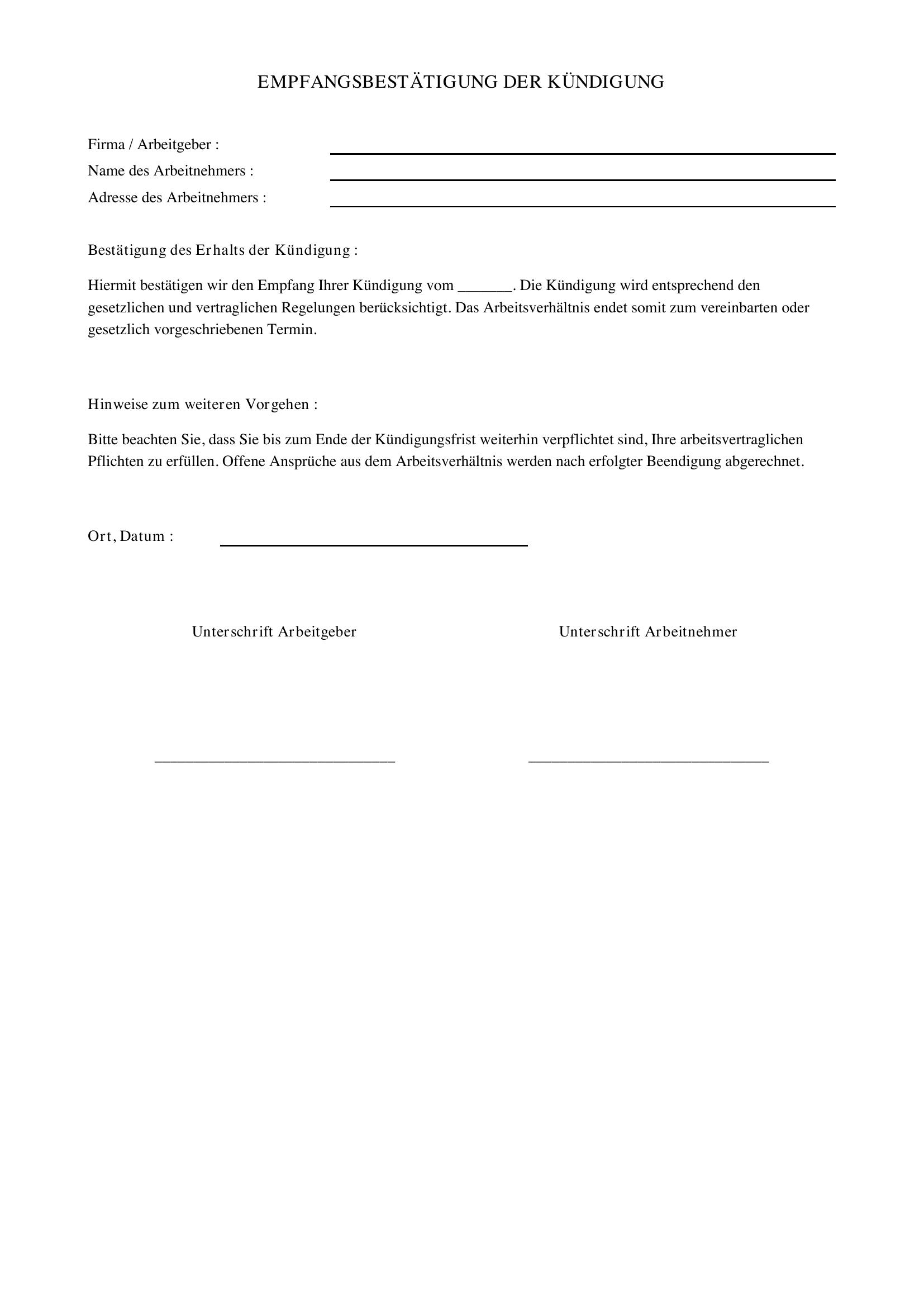 Empfangsbestätigung Kündigung Arbeitgeber Muster