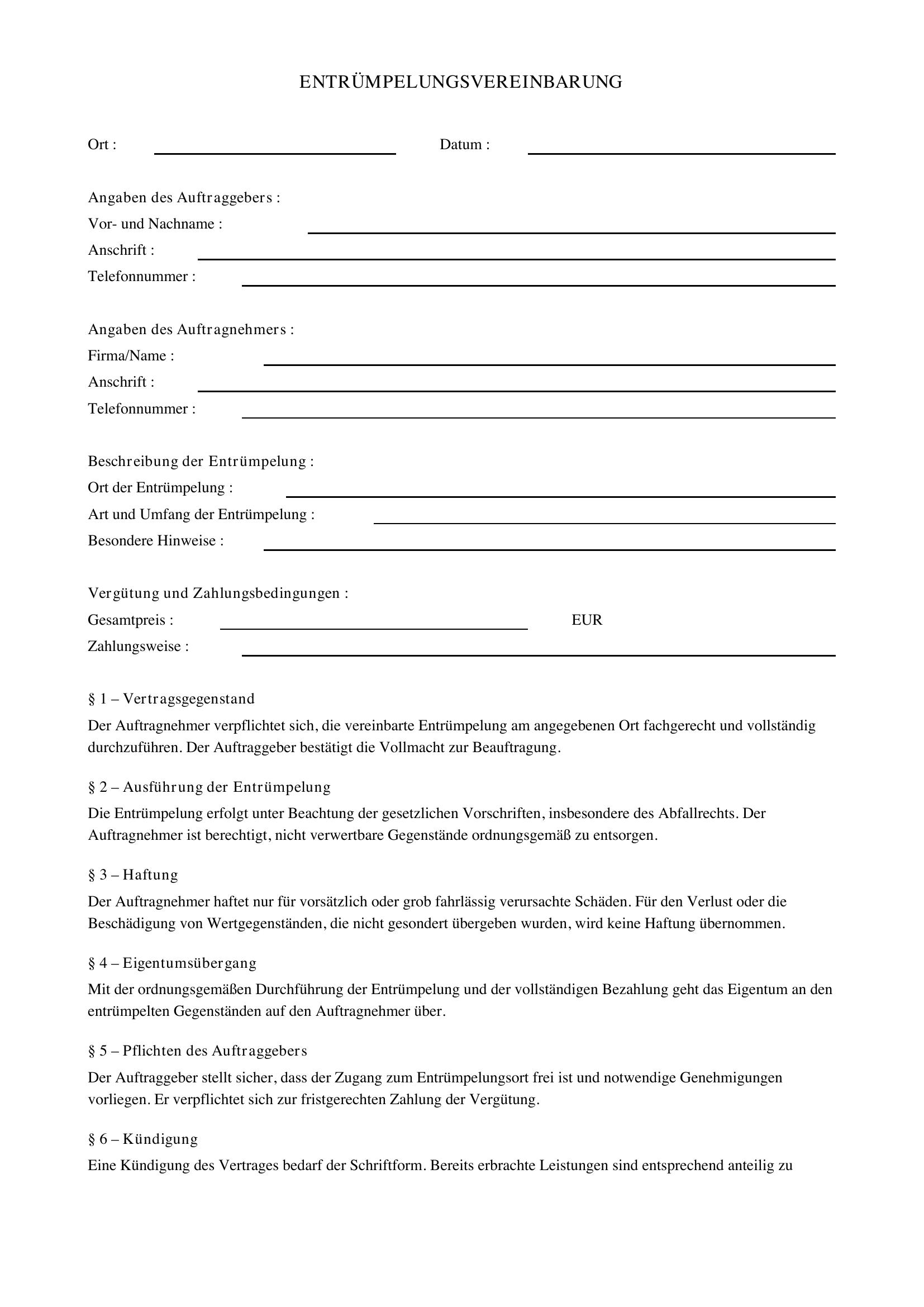 Entrümpelung Vertrag