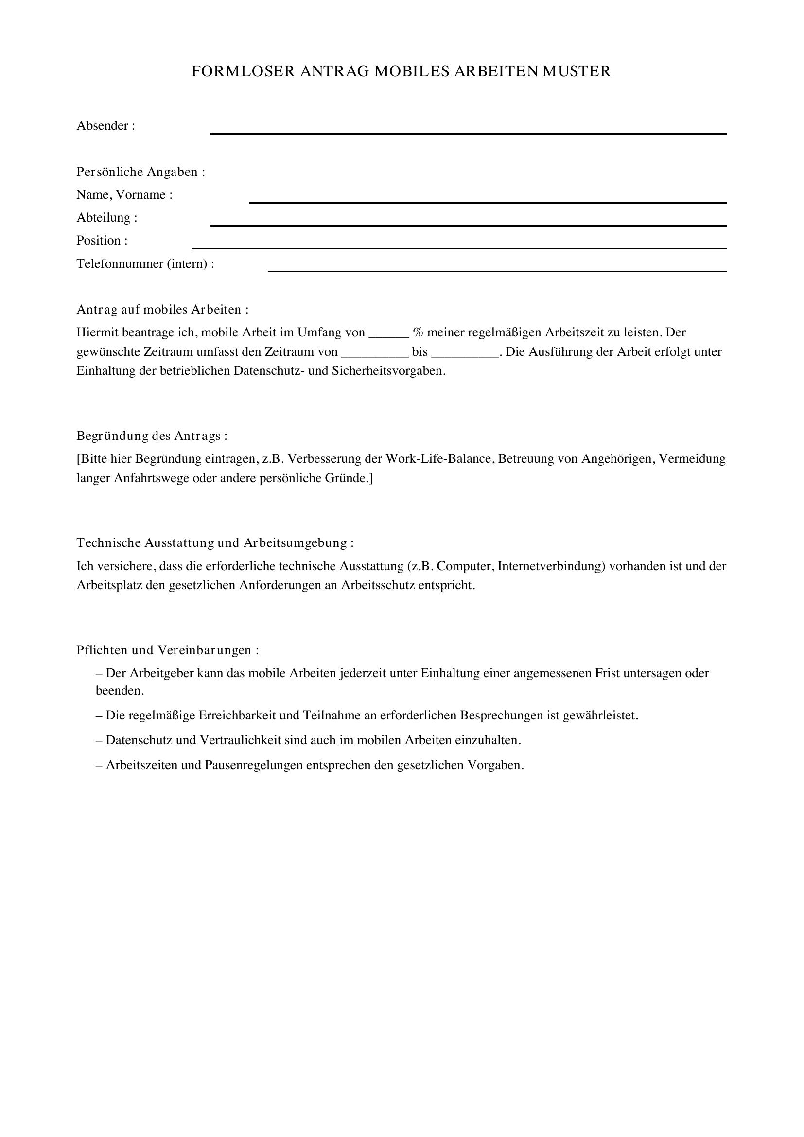 Formloser Antrag Mobiles Arbeiten Muster