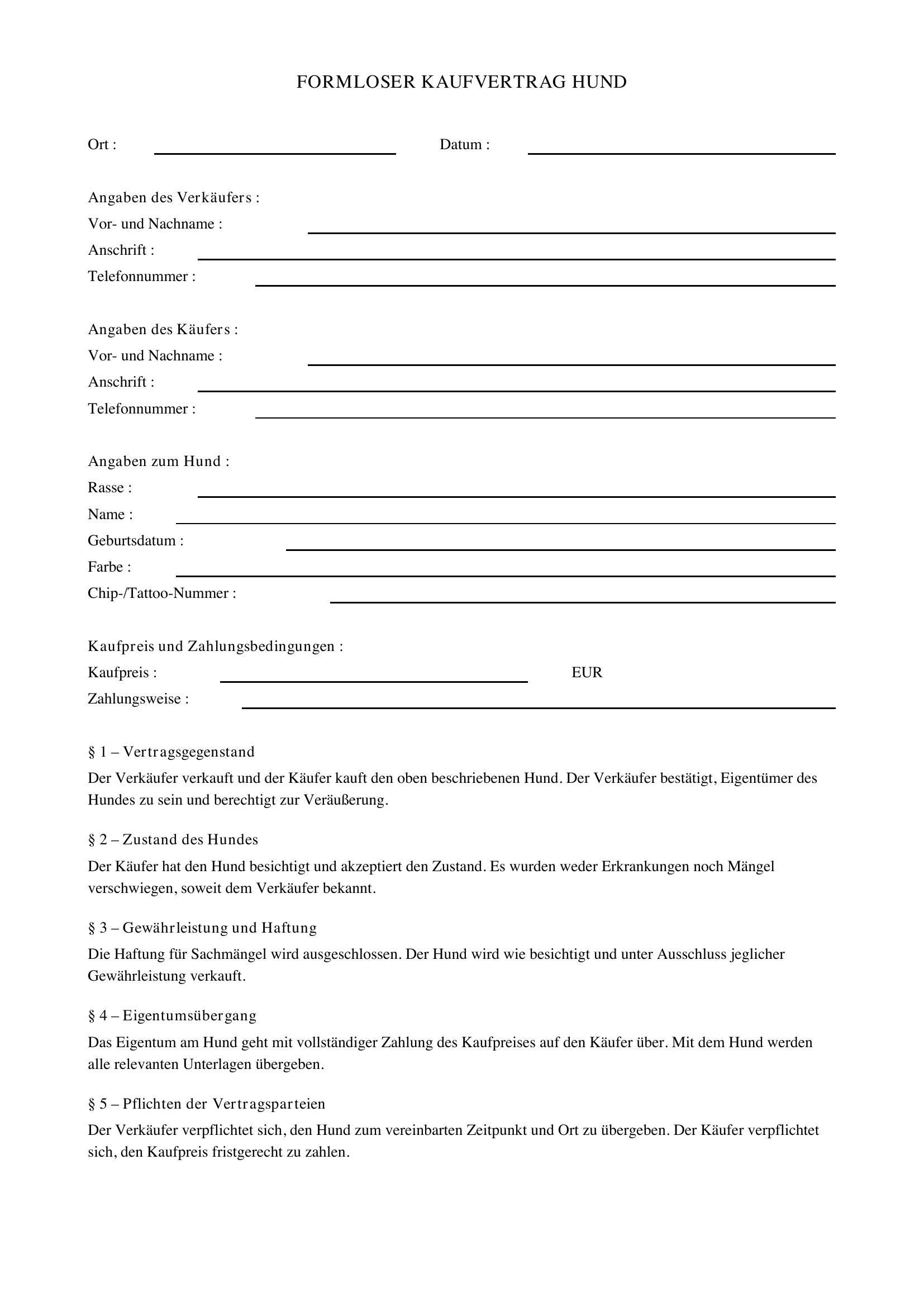 Formloser Kaufvertrag Hund