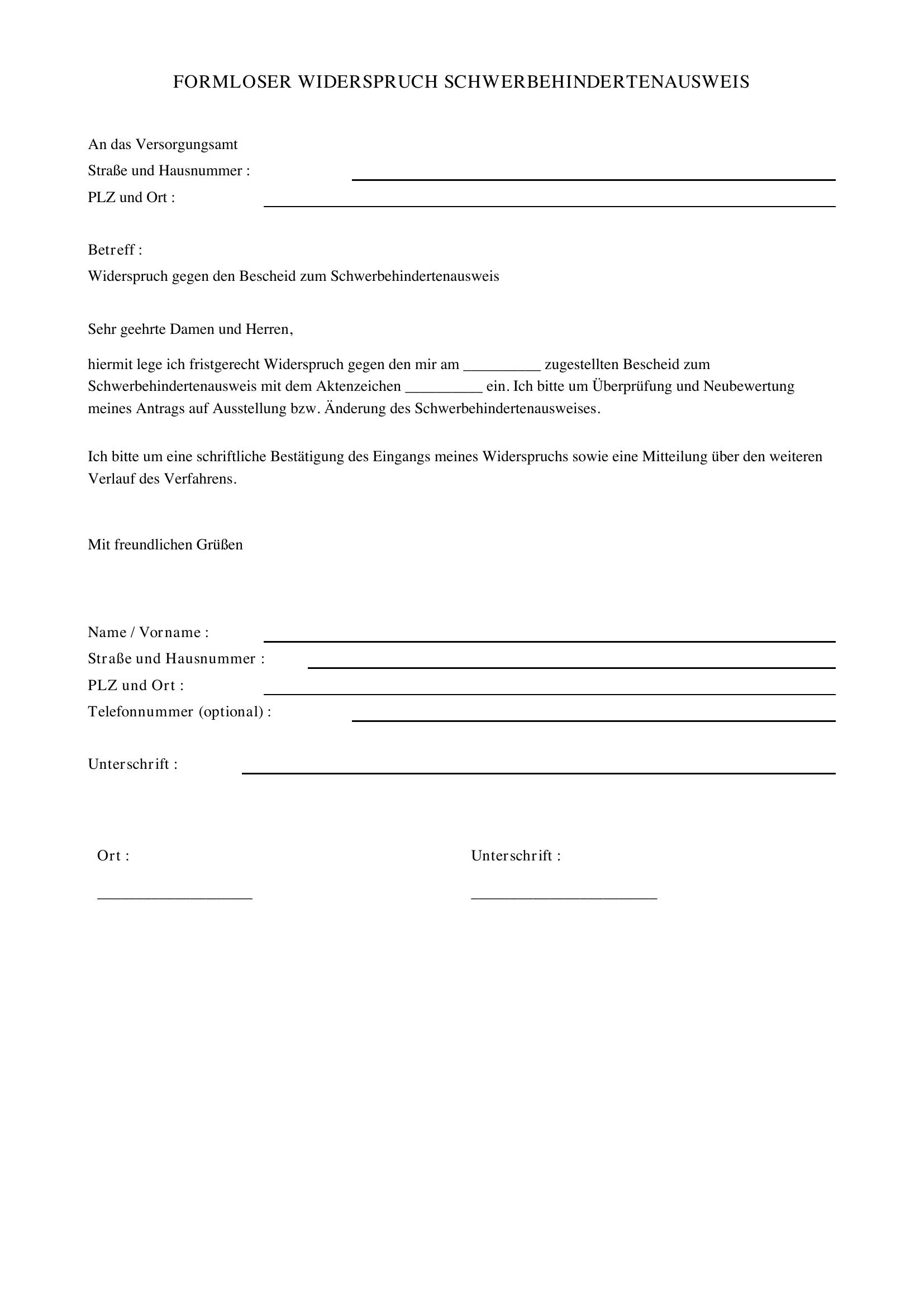 Formloser Widerspruch Schwerbehindertenausweis