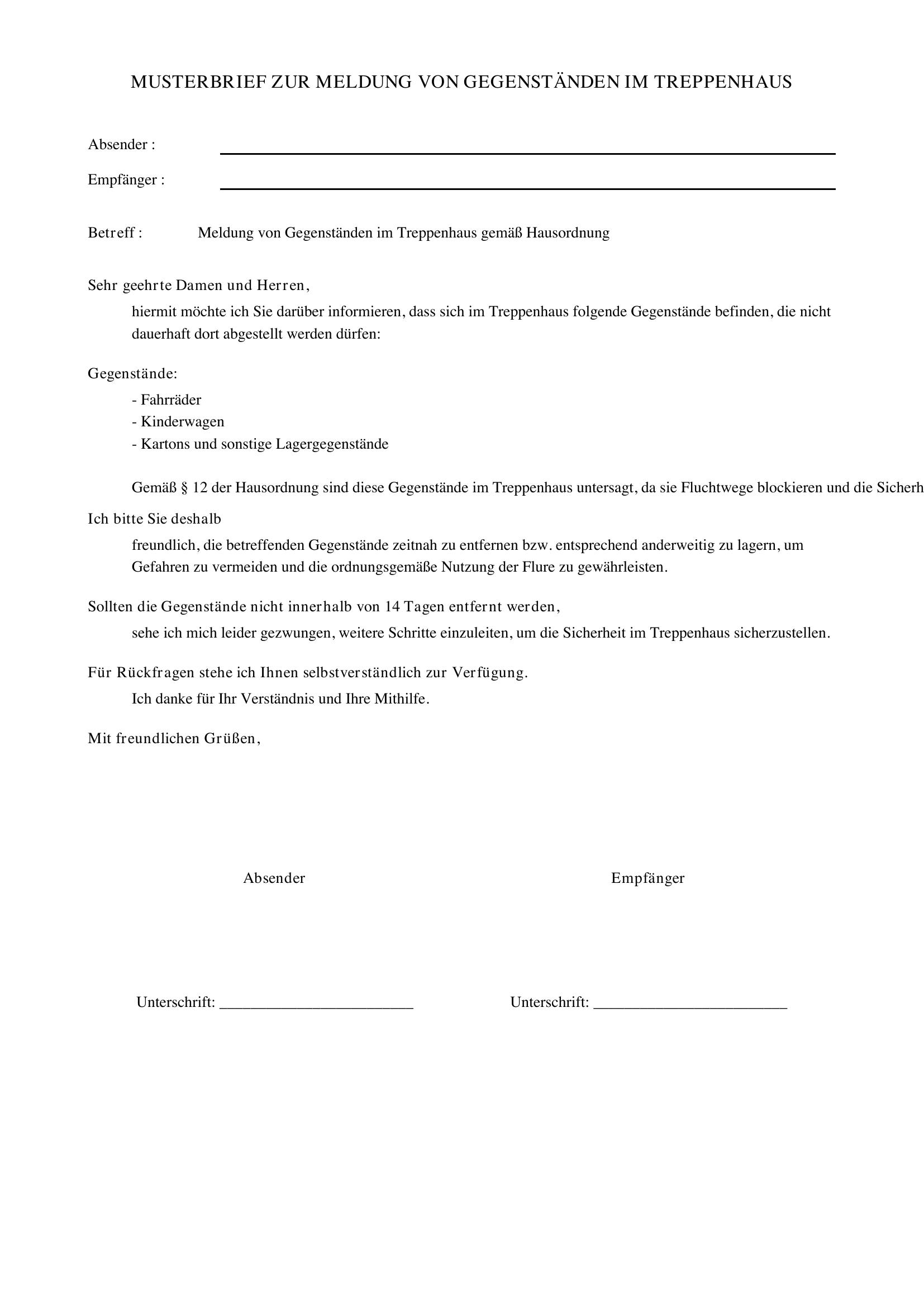 Gegenstände Im Treppenhaus Musterschreiben