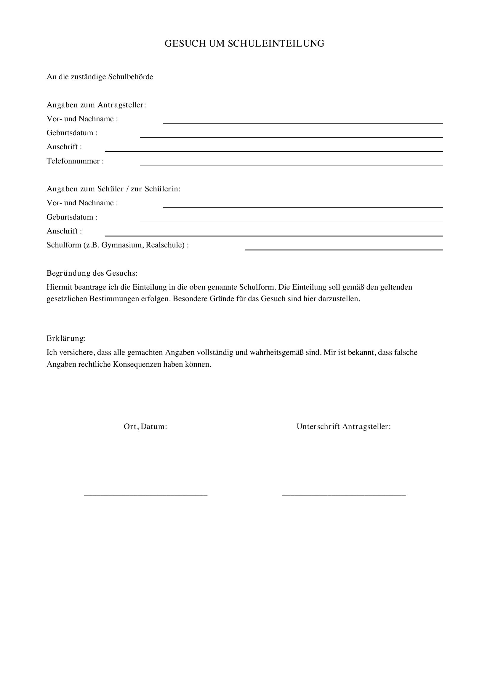 Gesuch Schuleinteilung Muster
