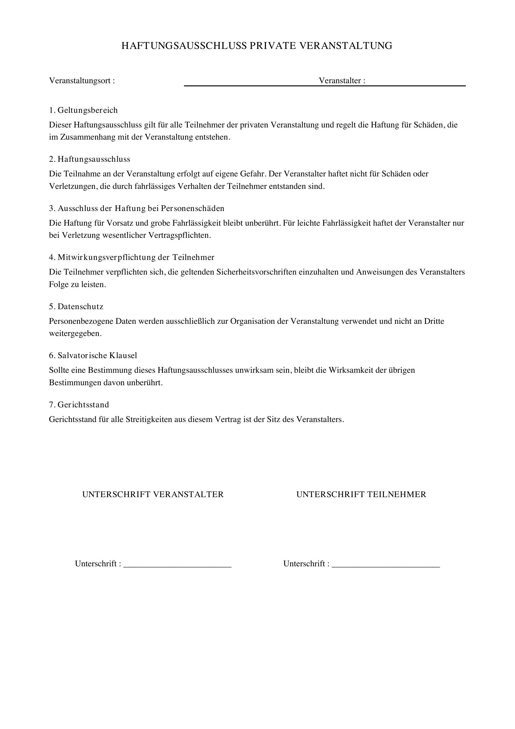 Haftungsausschluss Private Veranstaltung Vordruck