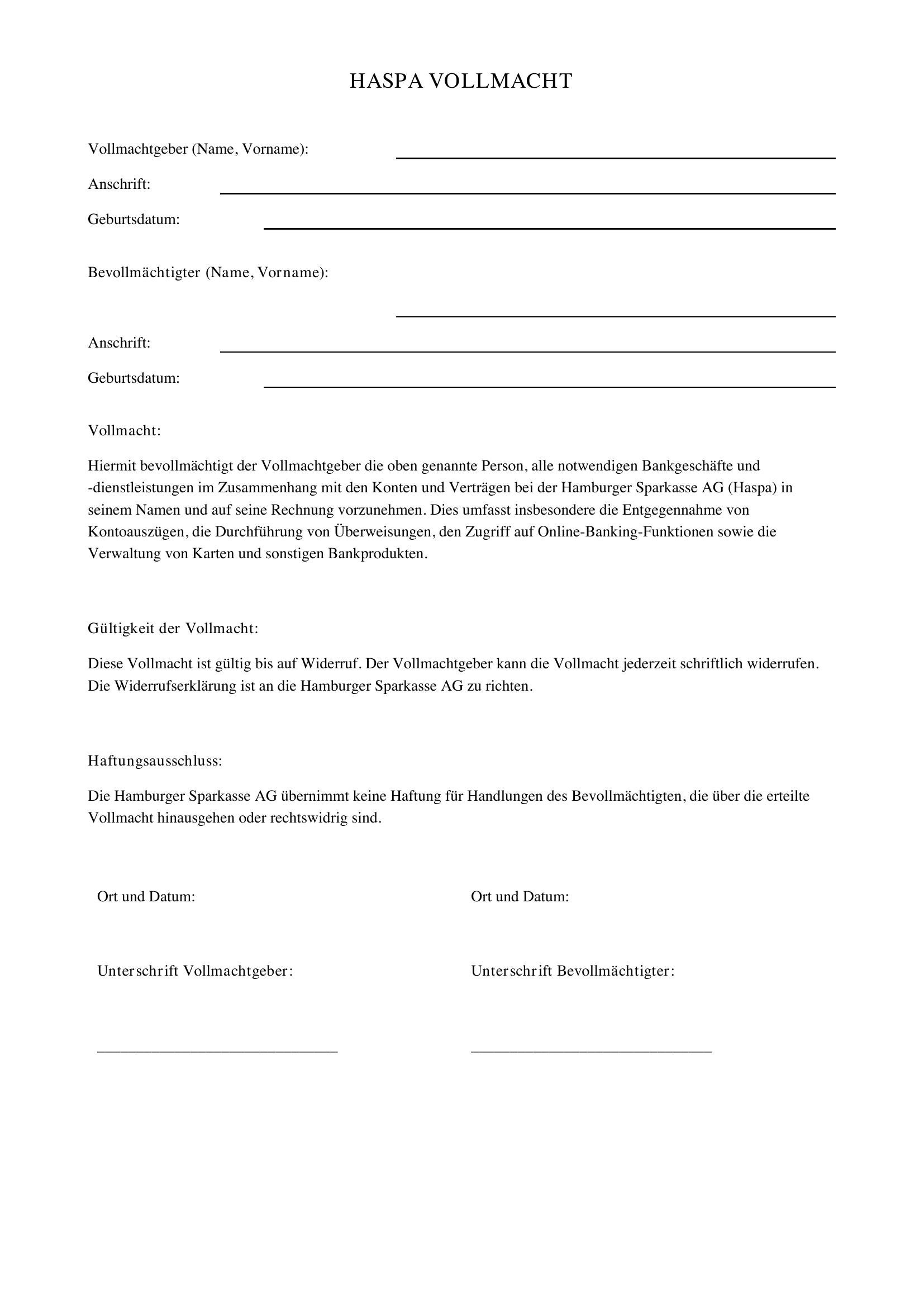 Haspa Vollmacht Formular