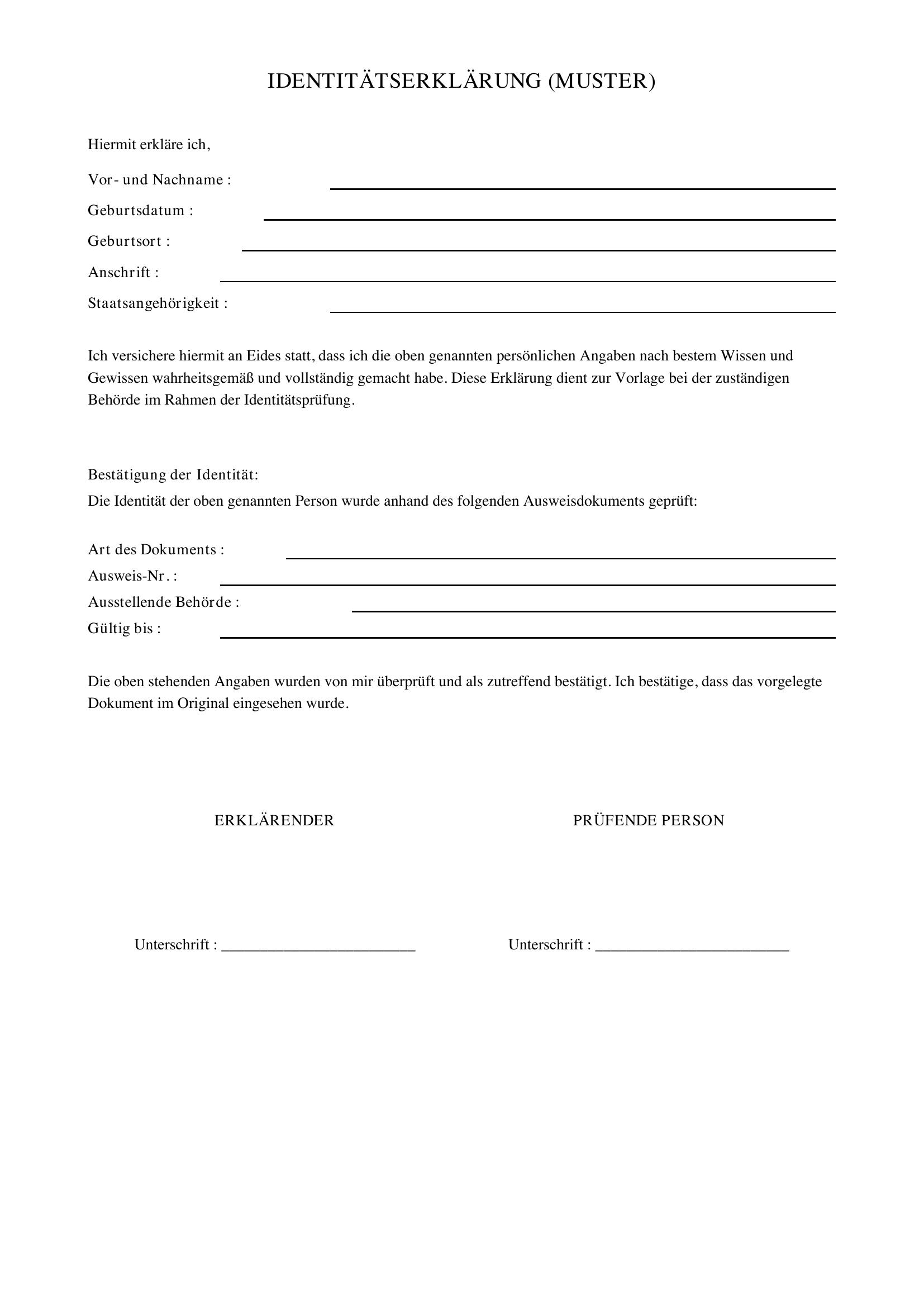 Identitätserklärung Muster