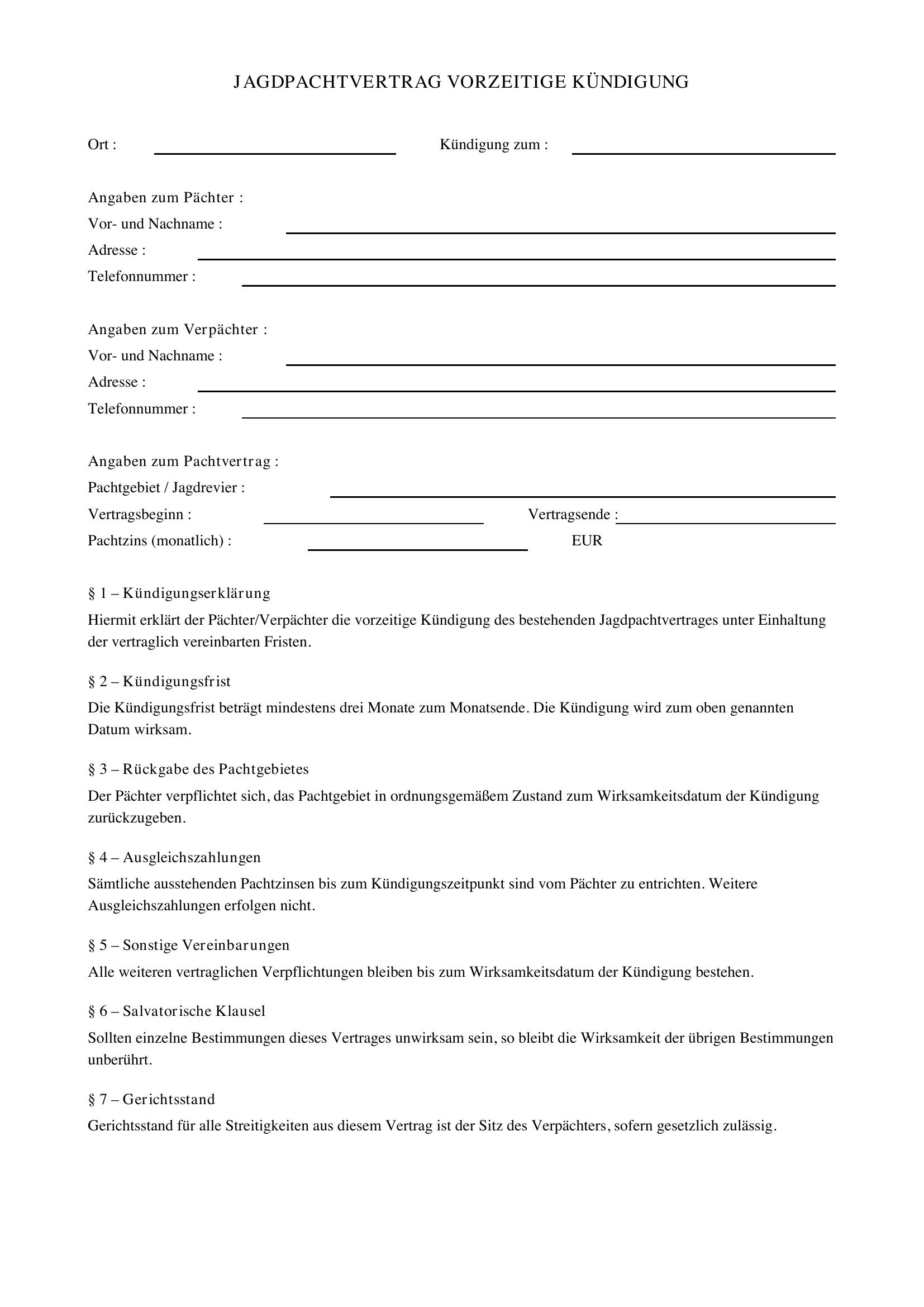 Jagdpachtvertrag Vorzeitig Kündigen