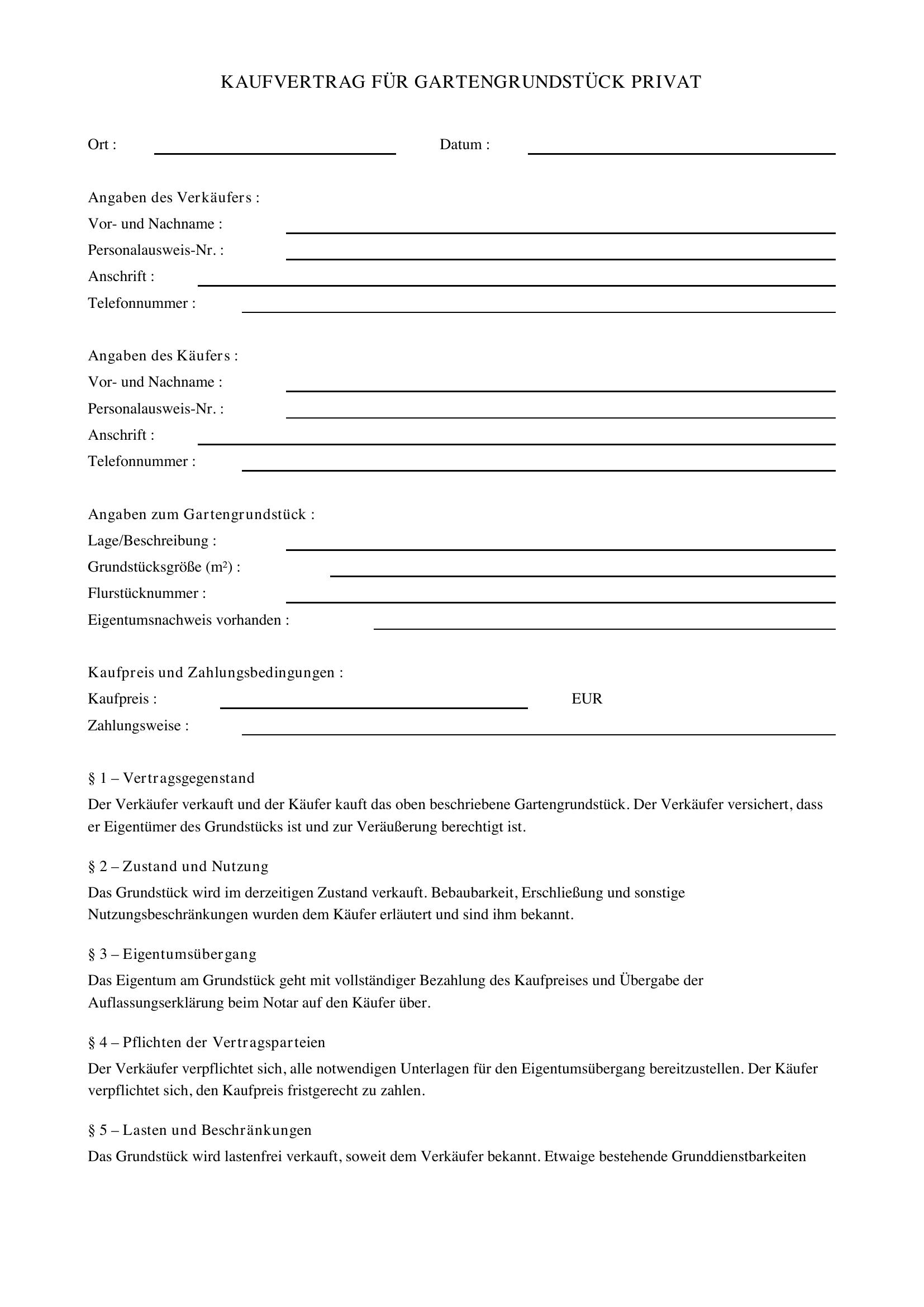 Kaufvertrag Gartengrundstück Privat