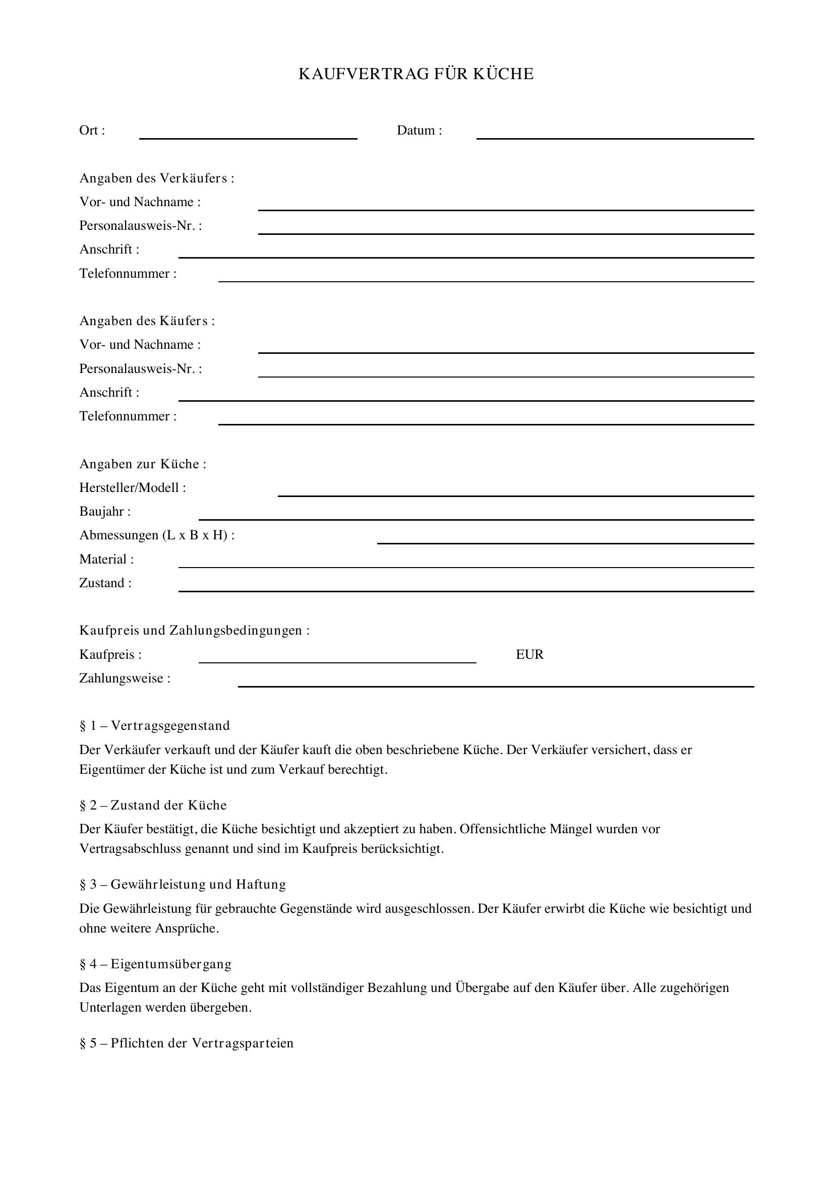 Kaufvertrag Küche Vorlage