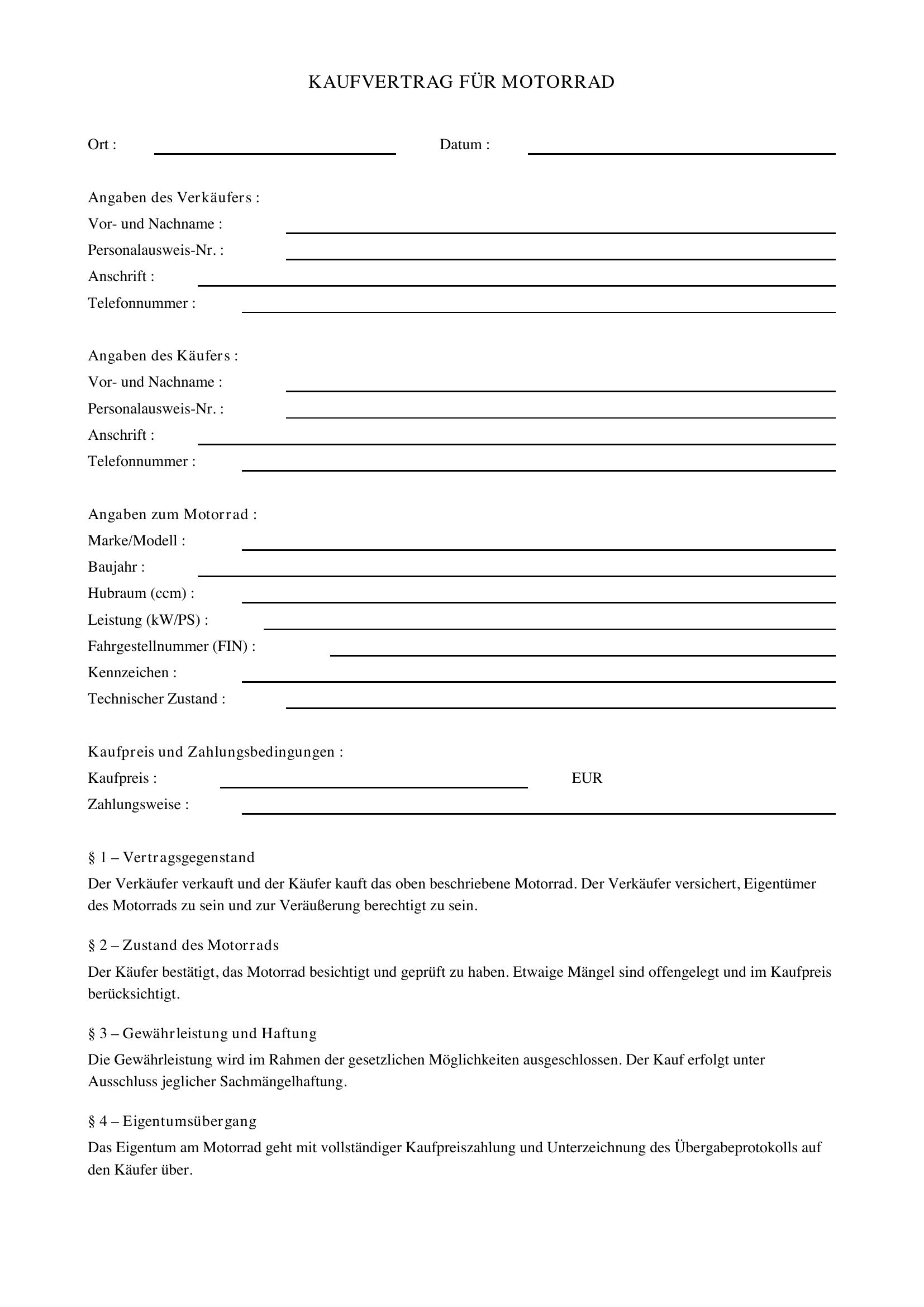 Kaufvertrag Motorrad Vorlage