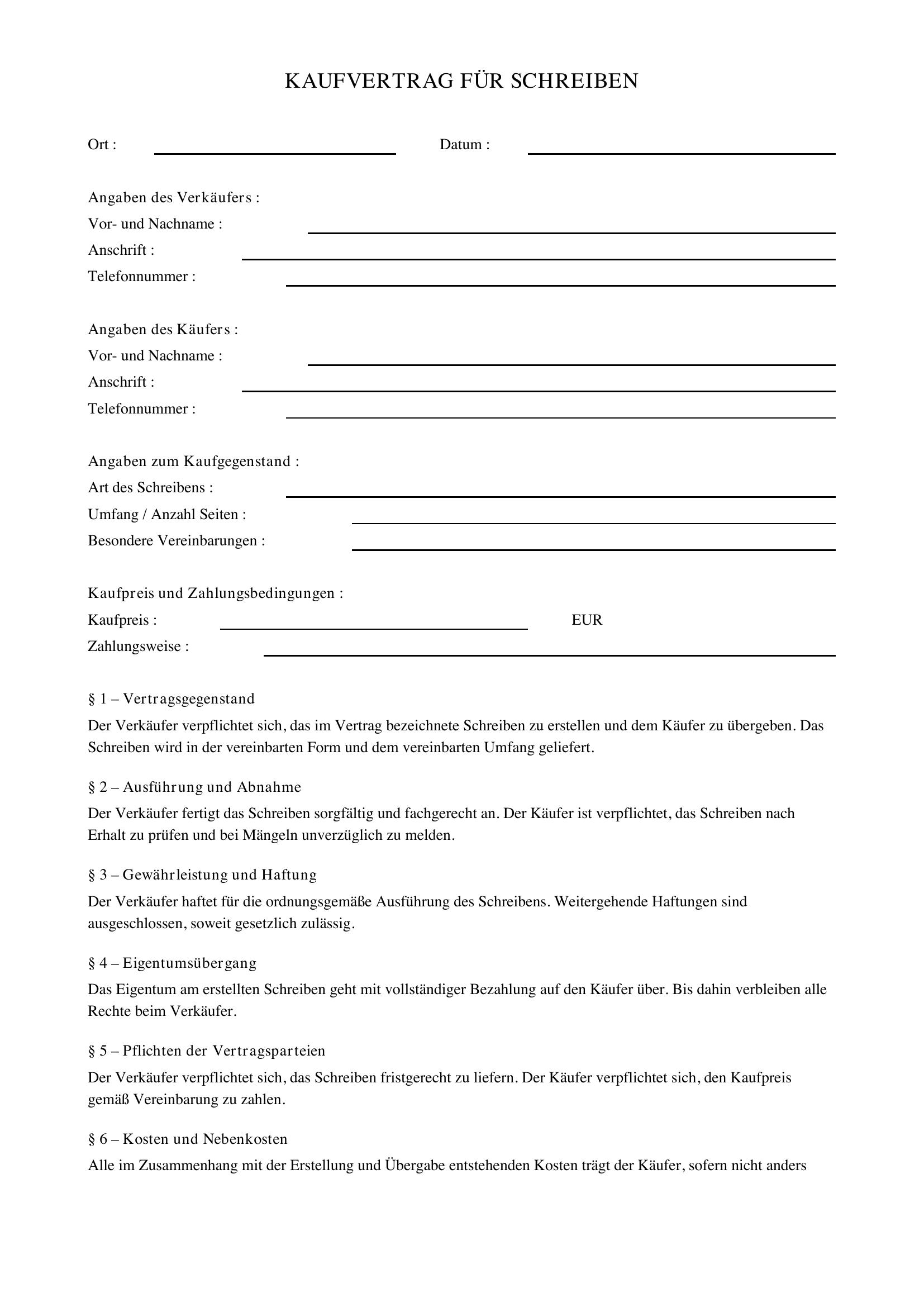 Kaufvertrag Schreiben