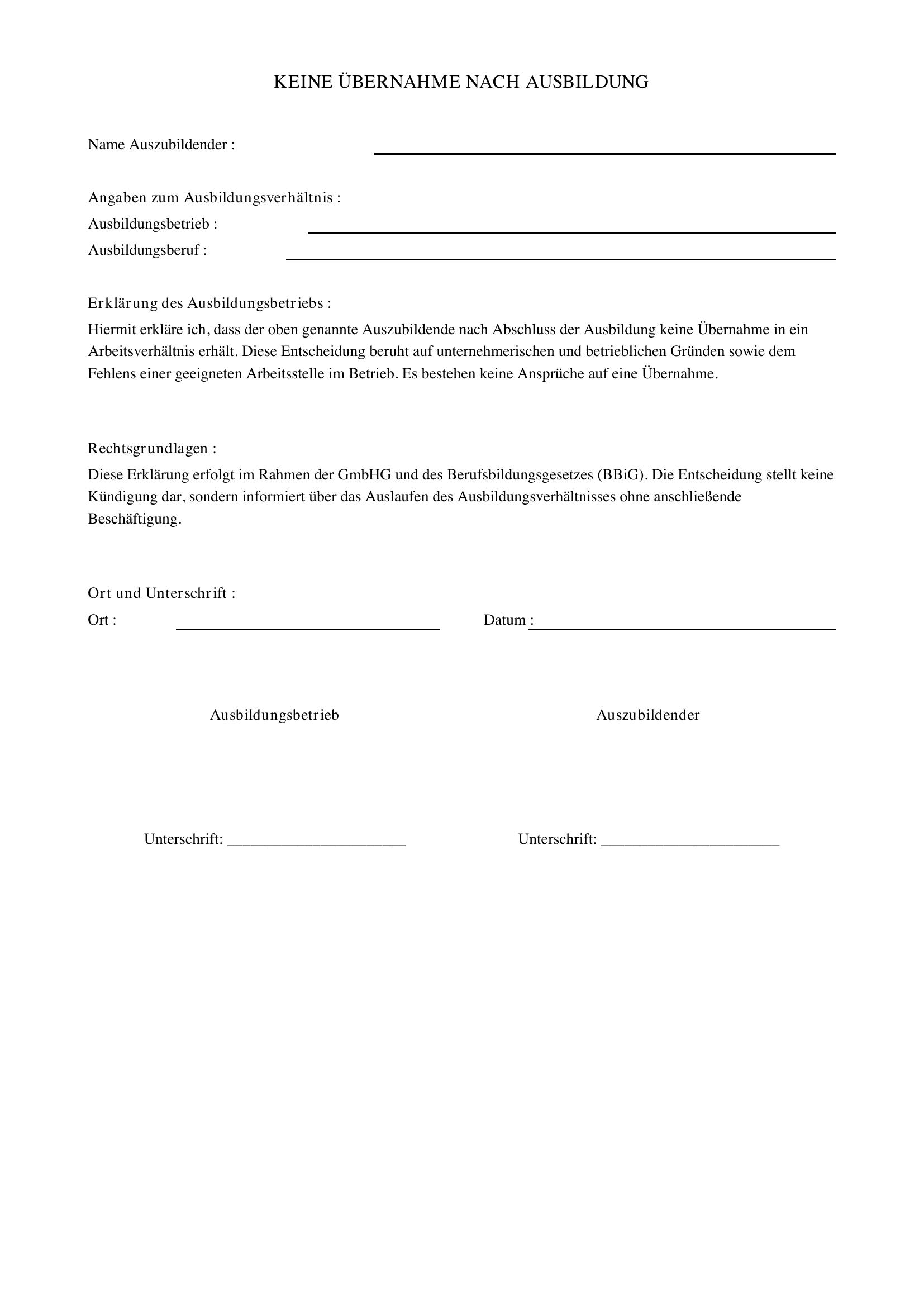 Keine Übernahme Nach Ausbildung Musterschreiben
